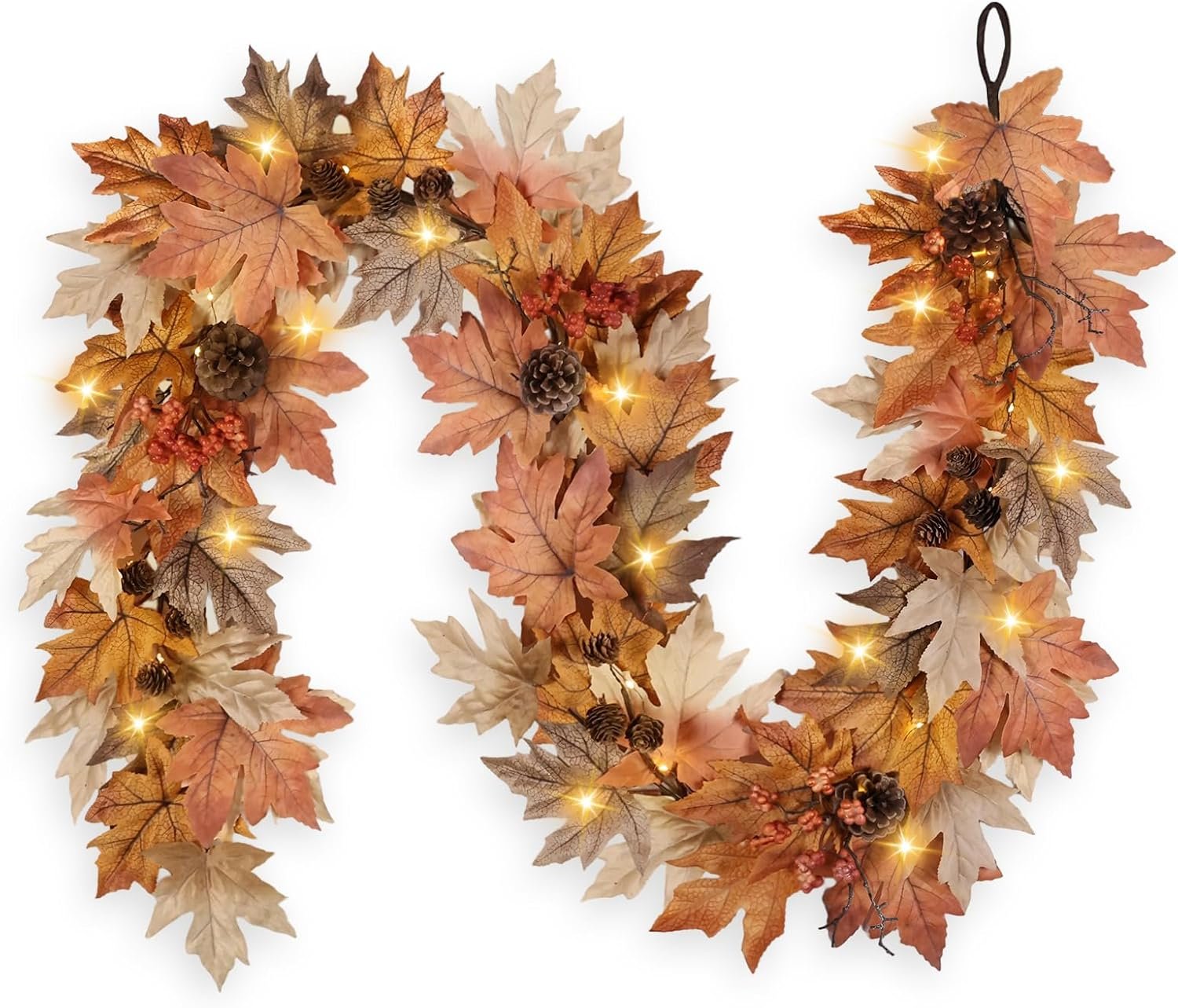 6 FT Fall Garland with Lights Timer Function Fall Leaves Garland with Berries Pine Cones Realistic Autumn Automatic ON/Off Timer Fall Decorations for Home Mantle Fireplace Porch Table