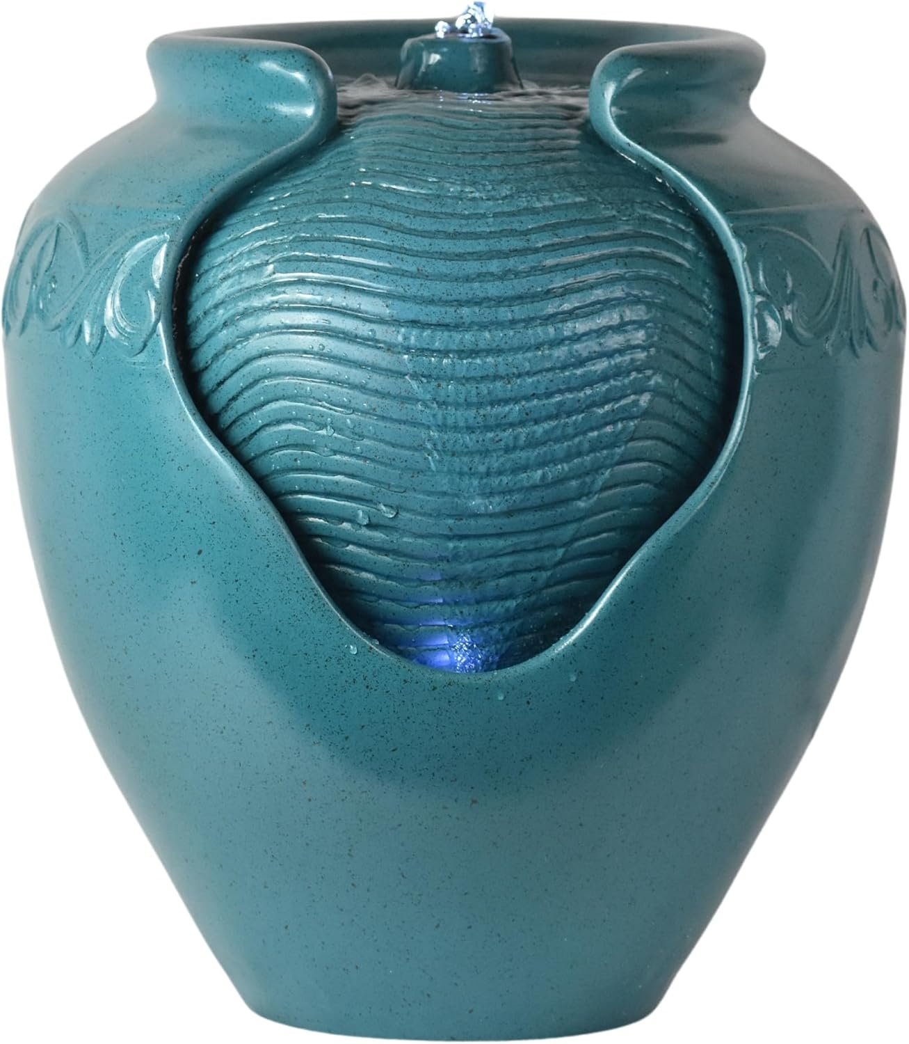 Teamson Home Floor Glazed Pot Water Fountain with Built-in LED Light and Pump for Outdoor Indoor Patio Garden Backyard Decking Home Décor, 17 inch Height, Teal | Floor Standing Ceramic Waterfall, LED Lights, Patio Garden Deck Porch Yard, Zen Outdoor Decor, Indoor & Outdoor Water Feature