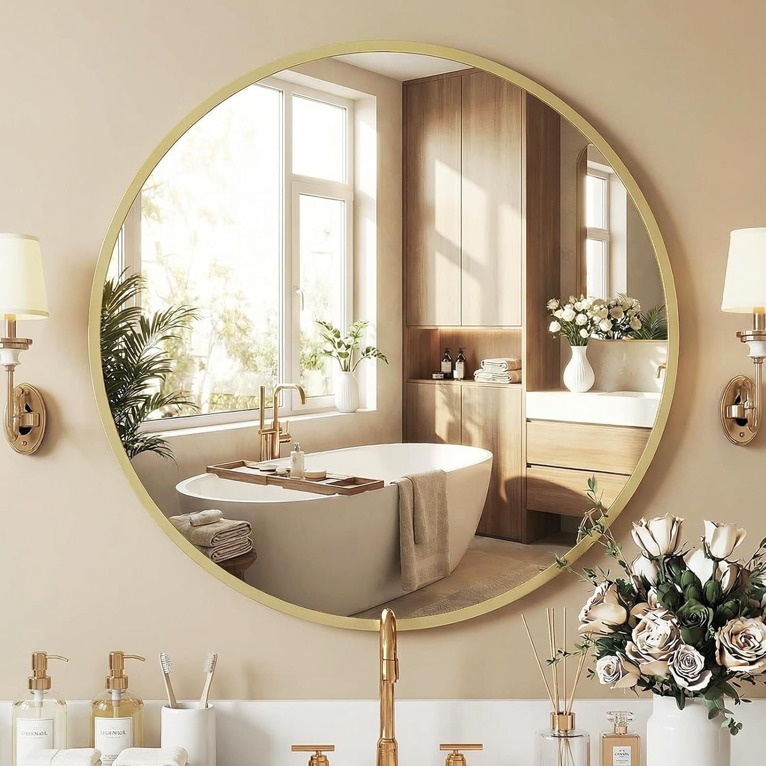 NEWBULIG 30 Inch Round Bathroom Wall Mirror, Circle Vanity Mirror | Metal Framed Circle Vanity Mirror, Wall Decor for Bedroom, Entryway, Anti-Rust, Tempered Glass, Hanging or Leaning, Gold