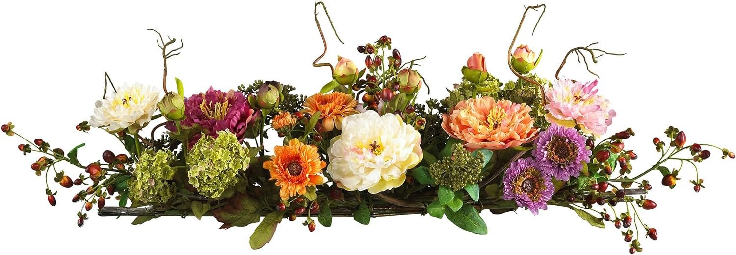 Nearly Natural 4665 Mixed Mini Peony Centerpiece Silk Flower Arrangement,10″D x 34″W x 6.5″H | Plush Pastel Petals, Rustic Intertwined Twigs, Maintenance-Free, Dining Table or Fireplace Mantel Accent
