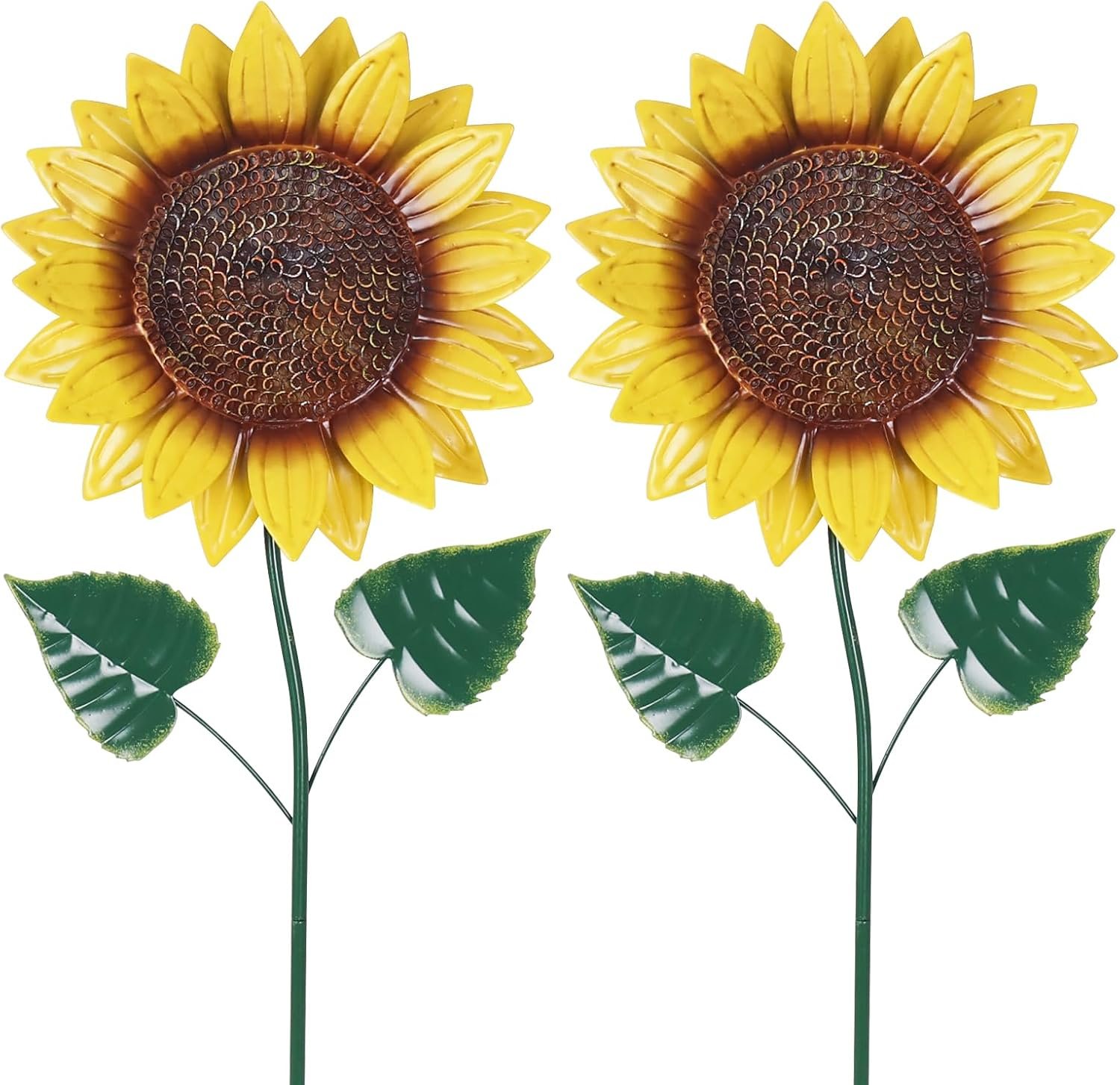 hogardeck Garden Decor for Outside, 2 Pack Sunflower Decorative Garden Stakes for Spring Outdoor Yard Decor, Metal Yard Art with Shaking Head for Garden Lawn Porch Decorations