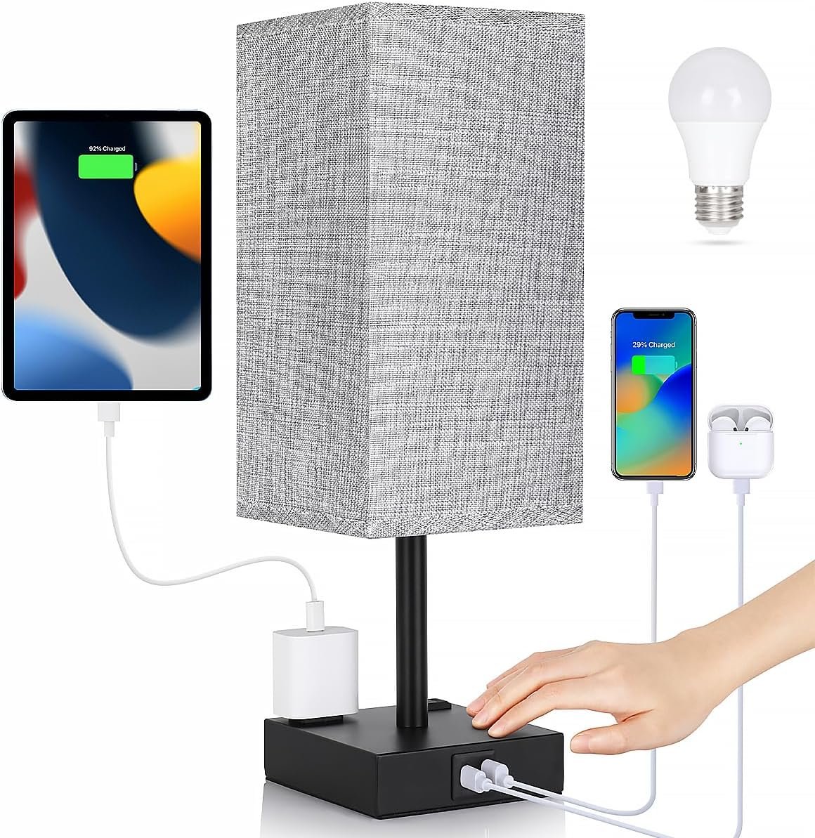 Bedside Table Lamp for Bedroom – Touch Small Lamp with USB C+A Charging Ports & AC Outlets, 3 Way Dimmable Nightstand Light for Living Room (LED Bulb Included, Grey)