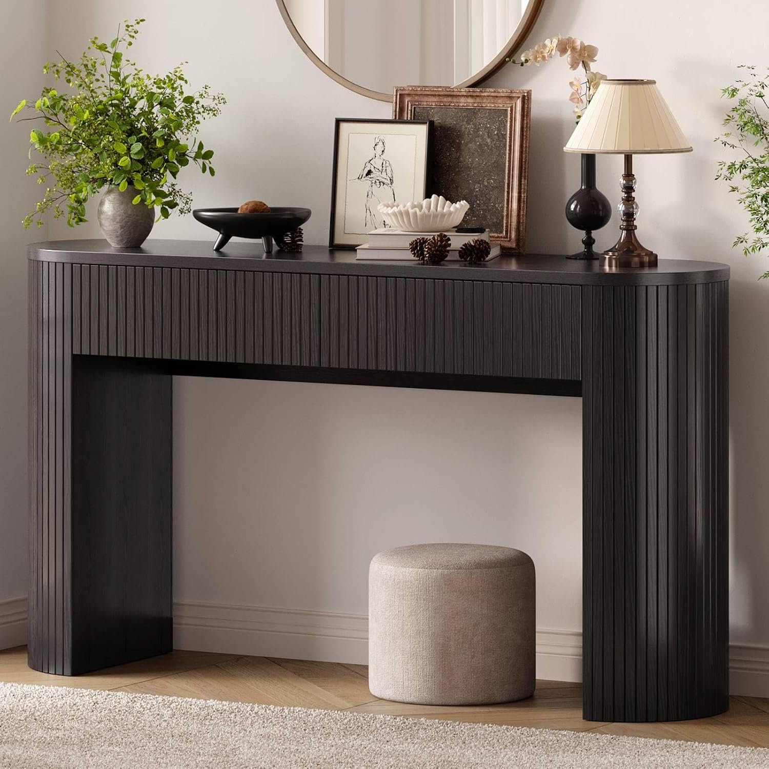 55 Inch Console Table with 2 Drawers, Entryway Tables with Storage,Black | Fluted Sofa Table Behind The Couch, Hallway Tables, Mid-Century Modern Foyer Table for Entryway, Hallway, Living Room