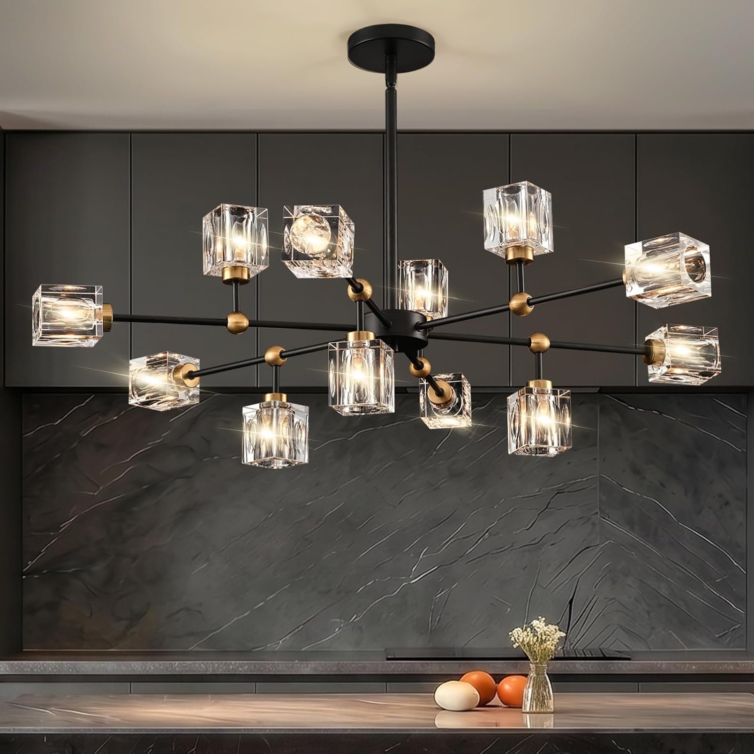12-Light Modern Sputnik Crystal Chandelier, Height Adjustable Light Fixture