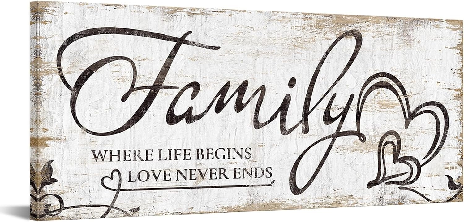 KREATIVE ARTS Large Home Family Wall Decor Rustic Home Sign Inspirational Quotes – Where Life Begins & Love Never Ends Canvas Wall Art Prints for Bedroom Living Room Kitchen 20×48 Inches