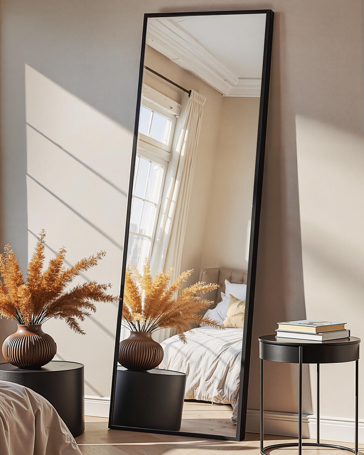 Full Length Floor Mirror 56″x15″, Large Standing Body Mirror, Black | Built-in Stand, HD Shatterproof Glass, Aluminum Alloy Frame, Wall Mounted or Standing, for Bedroom, Living Room and Bathroom