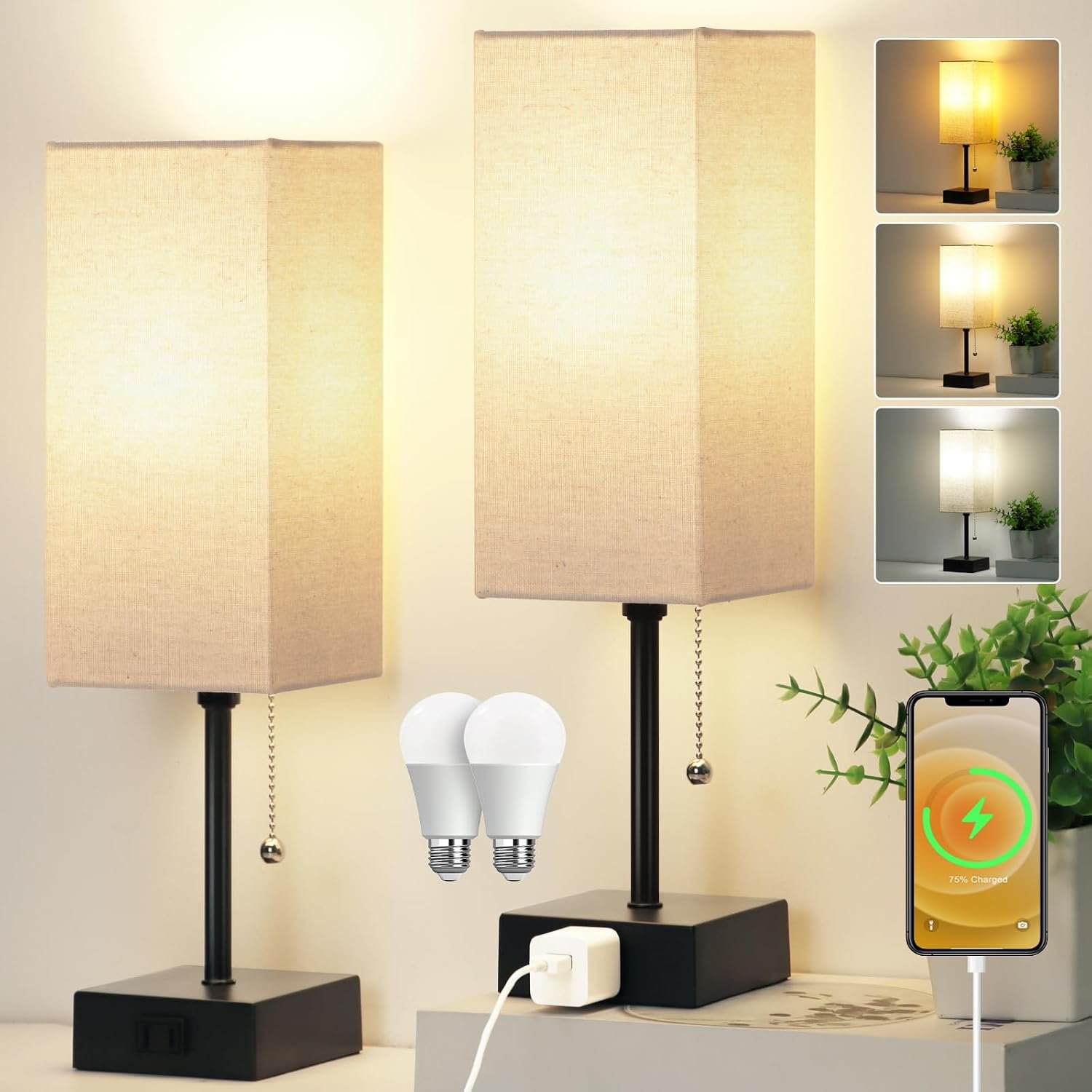 15” Bedside Table Lamp for Bedroom Small Night Light Lamps for Night stand | Pull Chain Table Lamps for Night stands with AC Outlet，desk lamp with 2 Bulbs Lamp for Living Room Kids Room Office Decor