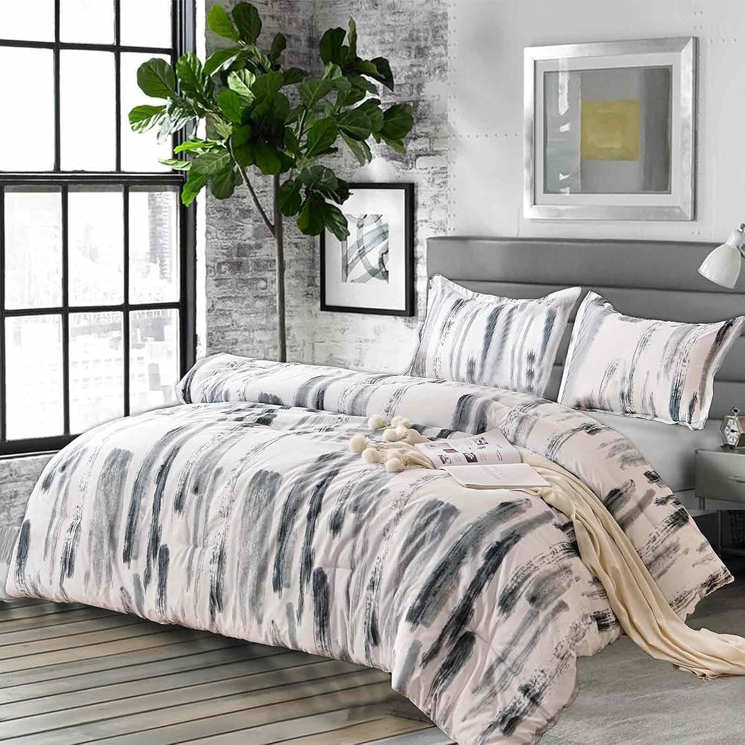 Nanko Queen Comforter Set 3pc, Art Grey White Printed Pattern Reversible Down Alternative Microfiber Bedding – All Season Duvet and 2 Pillowcases Bed Sets Modern for Women Men, Size 88 x 90 Gray