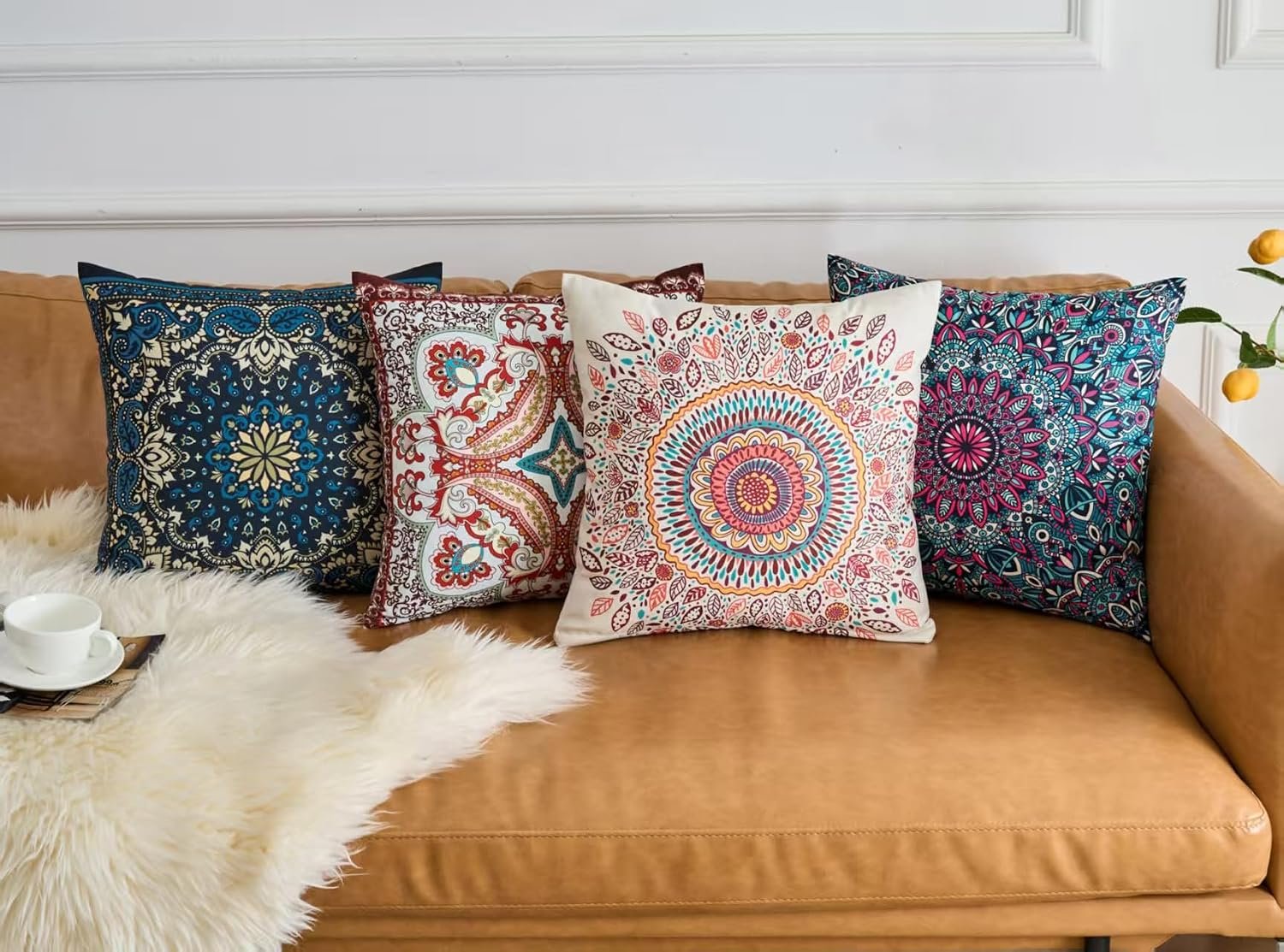 Boho Throw Pillow Covers 18X18 Inch Set of 4 Bohemian Soft Velvet Couch Pillow Cases Farmhouse Decorative Pillow Covers for Sofa Living Room Bedroom Outdoor Patio Porch