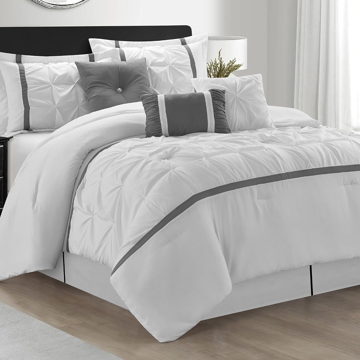 White Grey Comforter Set, Queen, 7 Piece Bed in a Bag, Microfiber Handcrafted Pintucking, All Season Bedding Set with Comforter, Bedskirt, Pillow Shams and Decro Pillows