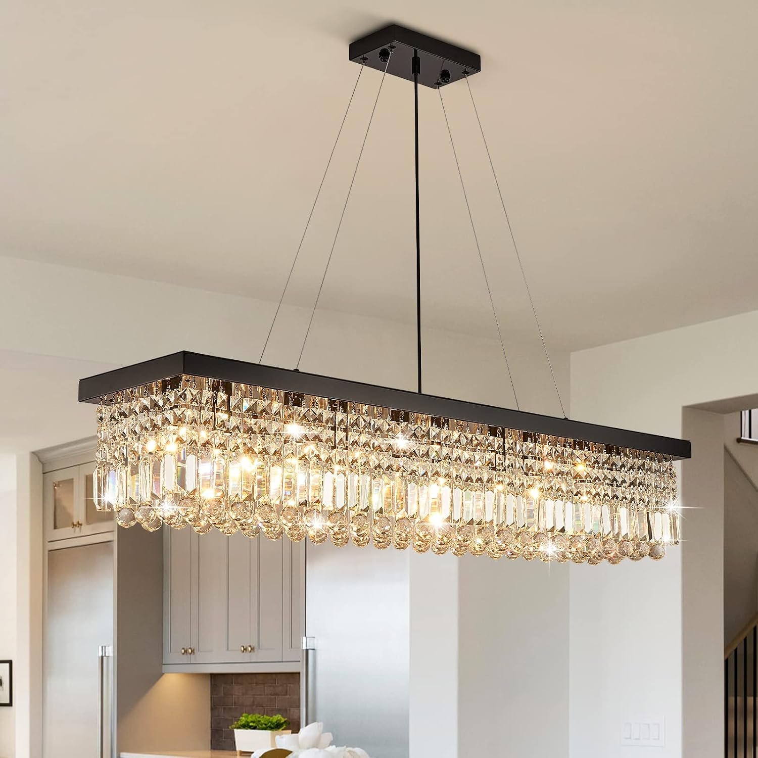 7PM Rectangle K9 Crystal Chandelier Modern Rectangular Pendant Lighting Fixture for Dining Room Kitchen Island Bedroom Black L47” x W10” x H10”