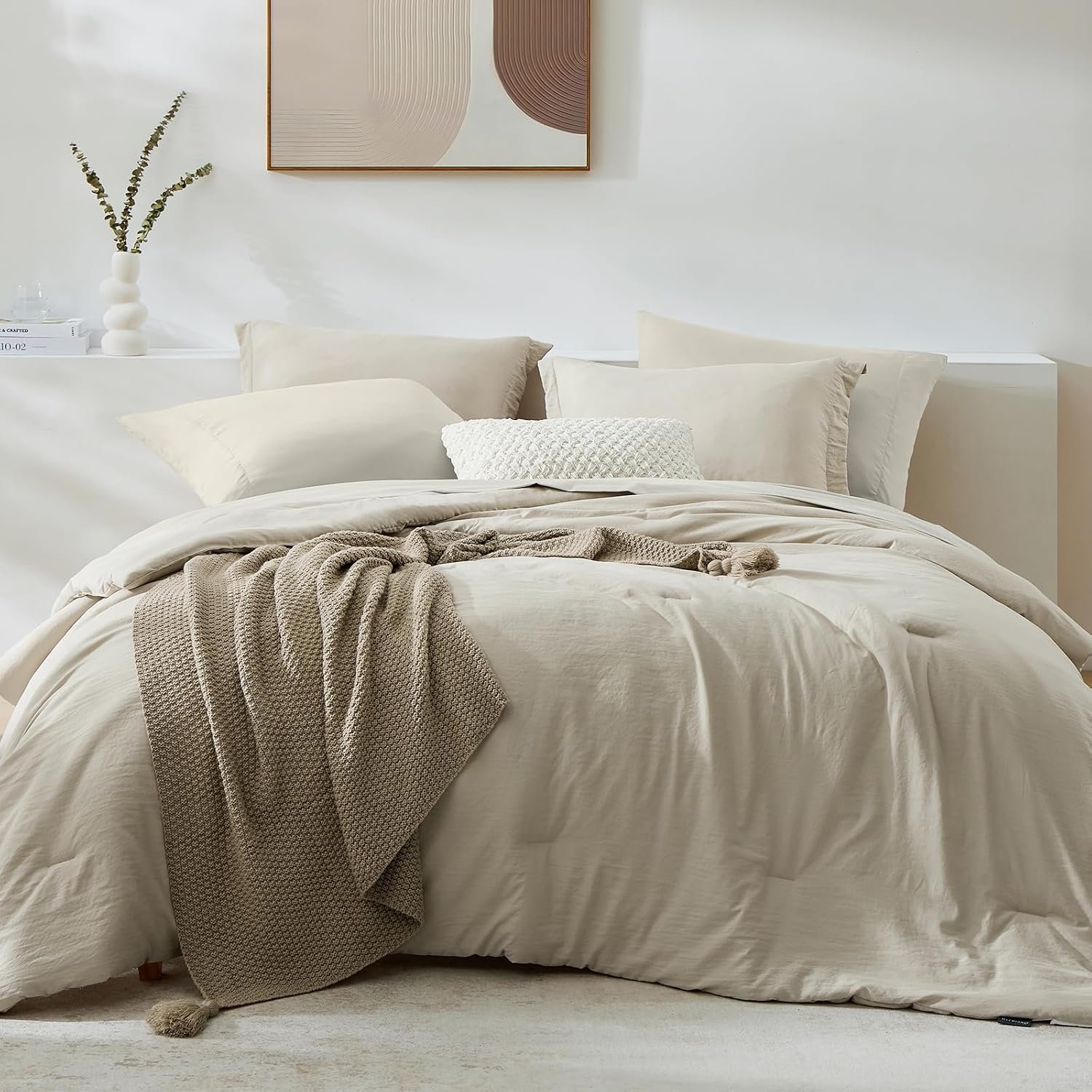 Queen Comforter Set-7 Pieces Soft Prewashed Bed in a Bag Queen Bedding Sets | All Season Comforter with Sheets, Pillow Shams & Pillowcases, Light Oatmeal