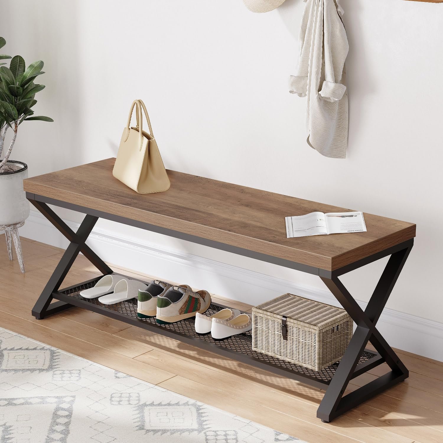 LVB Entryway Bench, Indoor Shoe Bench with Storage & Seating Rustic Oak 47″ | Wood Metal Storage Bench for Bedroom Living Room, Farmhouse Shoe Rack Bench for Sitting in Hallway Foyer Entrance