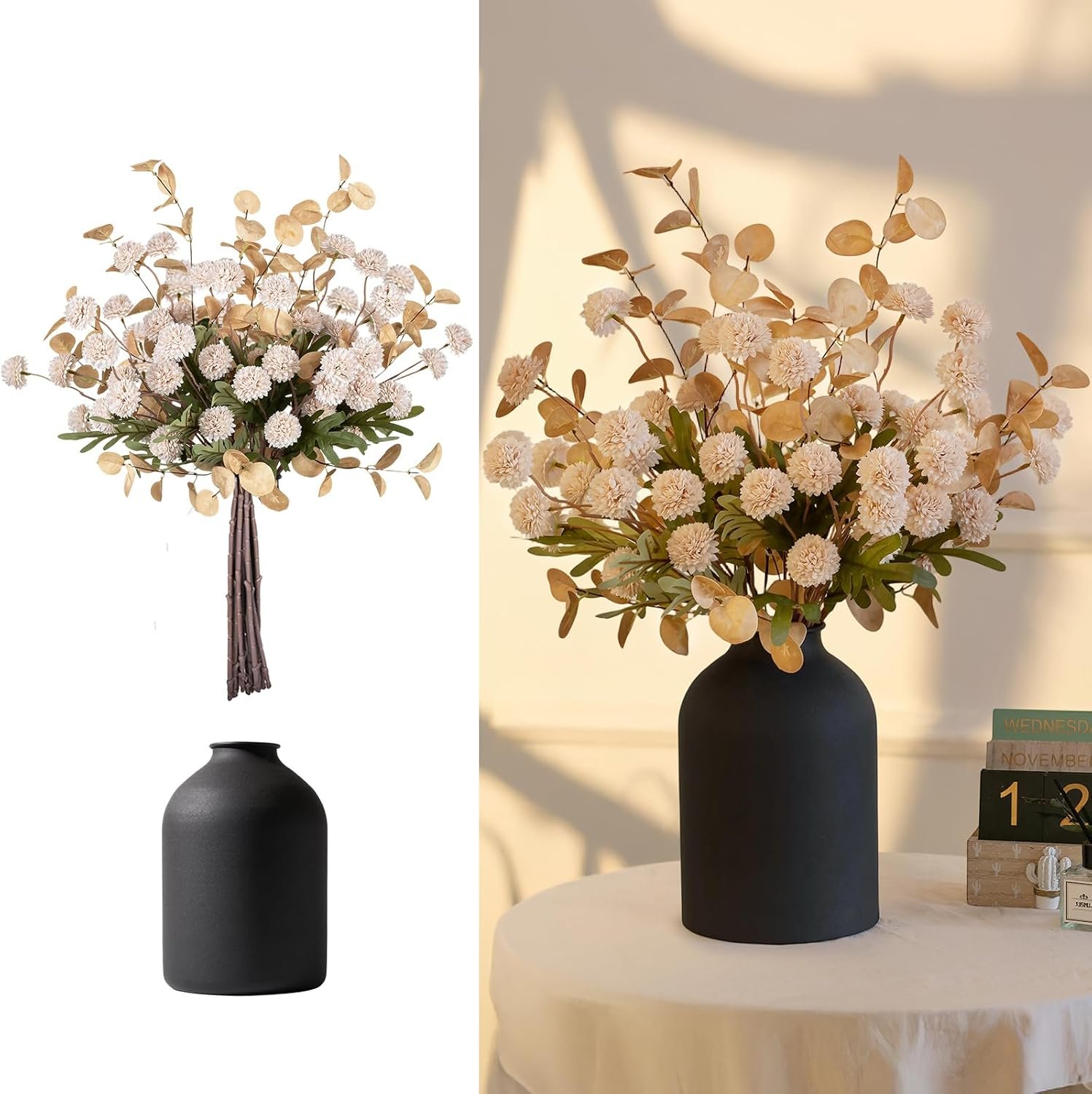 BLOSMON Fake Flowers Centerpieces for Tables, Beige Mums for Dining Room | With Metal Vase 12 Stems of Artificial Pom Pom Eucalyptuses, Faux Floral Arrangements in Vase for Entry Way Table, Home Decor