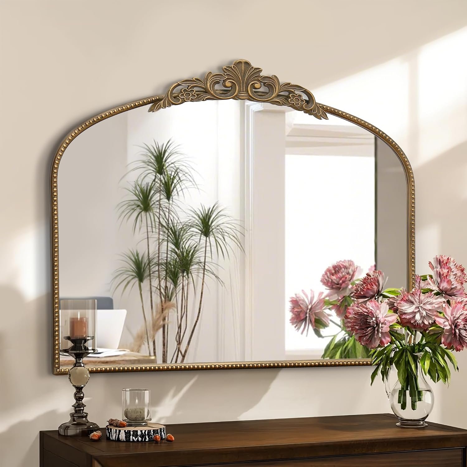 Micasso Vintage Gold Arched Mirror: 36″x29″ Baroque Antique Wall Mirror | Traditional Ornate French Decorative Wall Mirror for Bedroom/Bathroom/Entryway/Hallway/Dresser/Vanity/Mantel/Nightstand