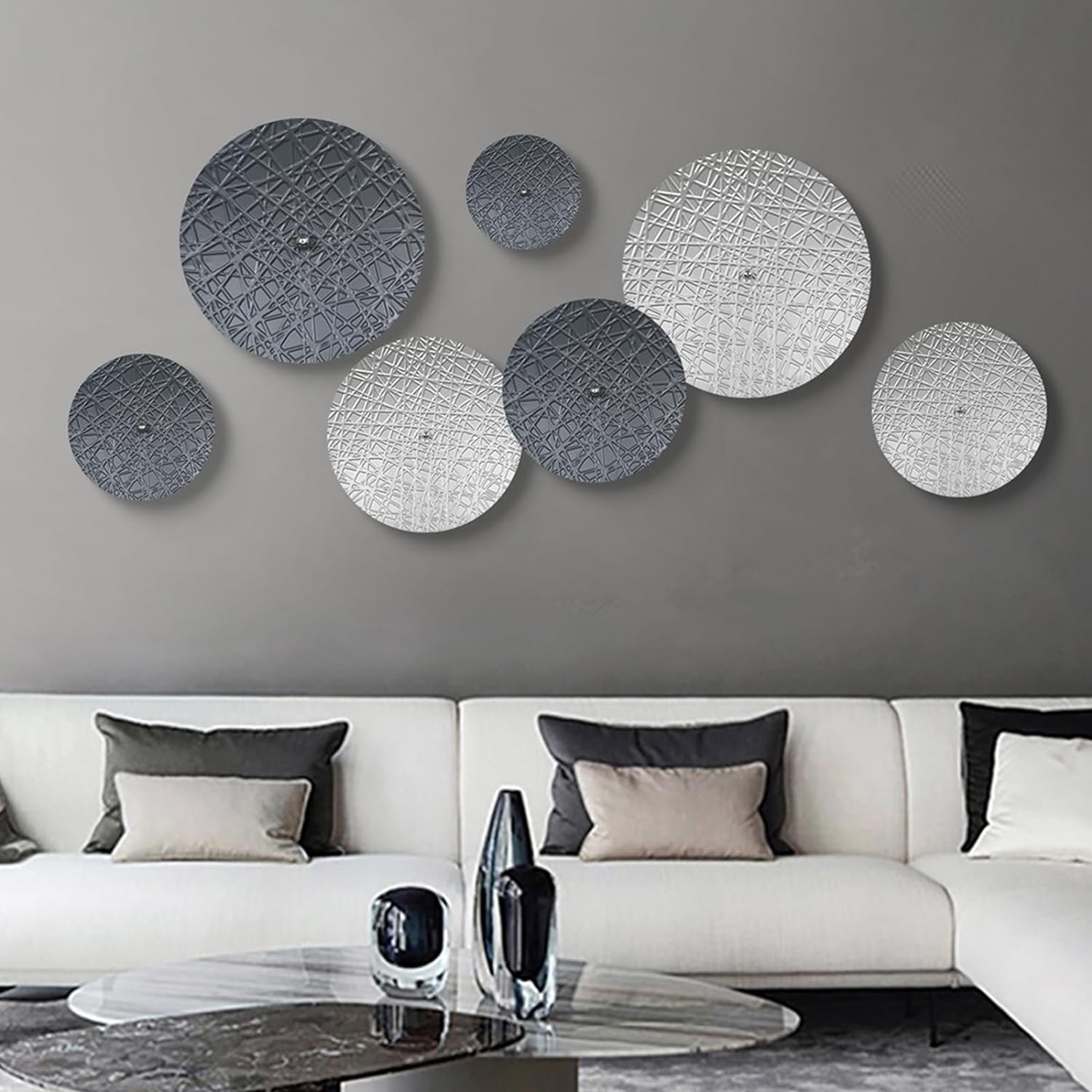 Silver and Gray Metal Wall Art Decor for Modern Living Room Hallway | 7PCS 3D DIY Art Plates,Different Sizes for Overlapping Effect,Hanging Sculpture for Apartment,Silver Home Decor,New Home Gift
