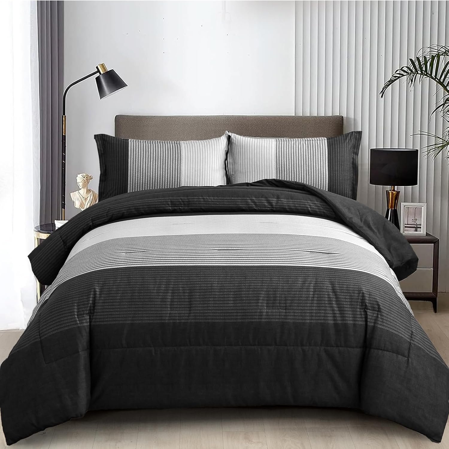 WONGS BEDDING Black Comforter Set Queen, Reversible Black Grey Stripe Down Alternative Comforter for All Season,3 Pieces(1 Patchwork Comforter+2 Pillowcases), Soft Microfiber Bedding Set 90″×90″