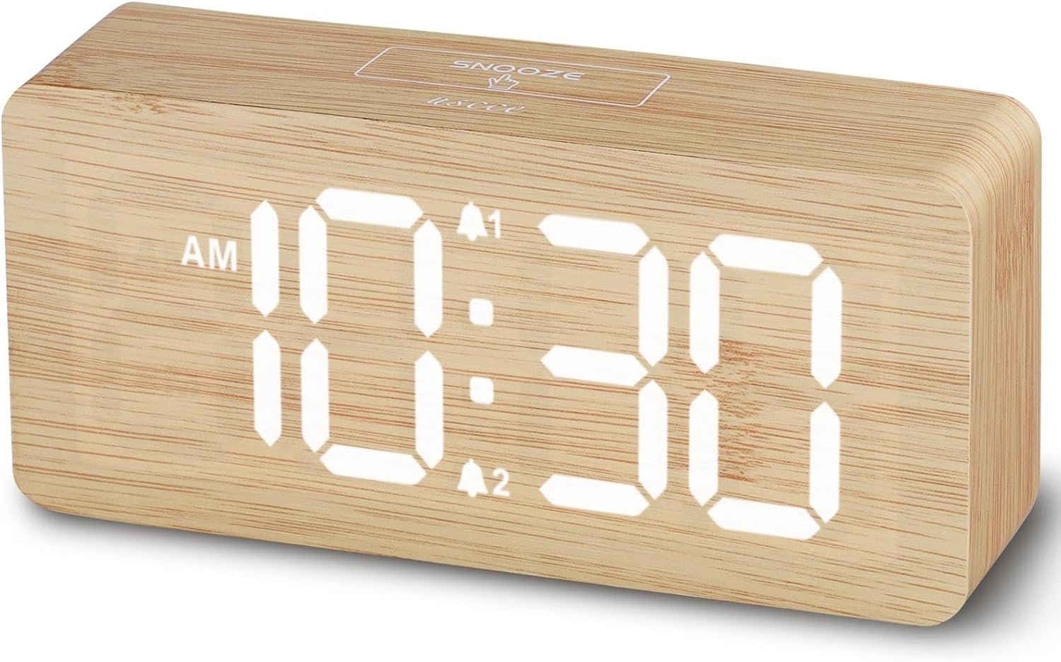 uscce Wooden Digital Alarm Clocks for Bedrooms with 0-100% Dimmable Display | Desk Clock with Large Numbers for Living Room – Loud Dual Alarm for Heavy Sleepers with Volume Control – Wood Decor & Gifts