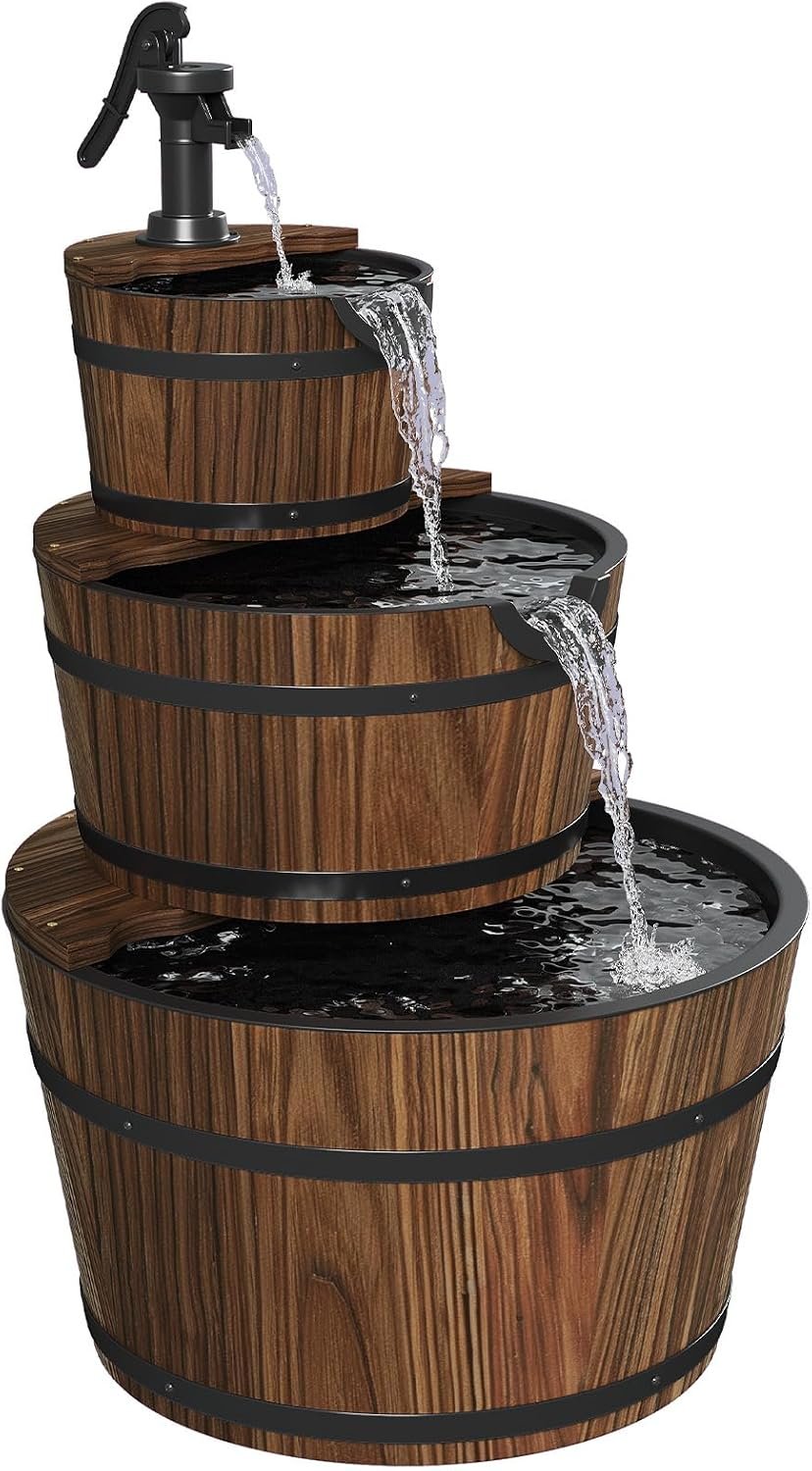 Aoxun 3-Tier Outdoor Water Fountain | Wood Barrel Cascading with Electric Decorative Hand Pump, Rustic Waterfall Fountain for Garden, Backyard, Patio, Porch, Yard