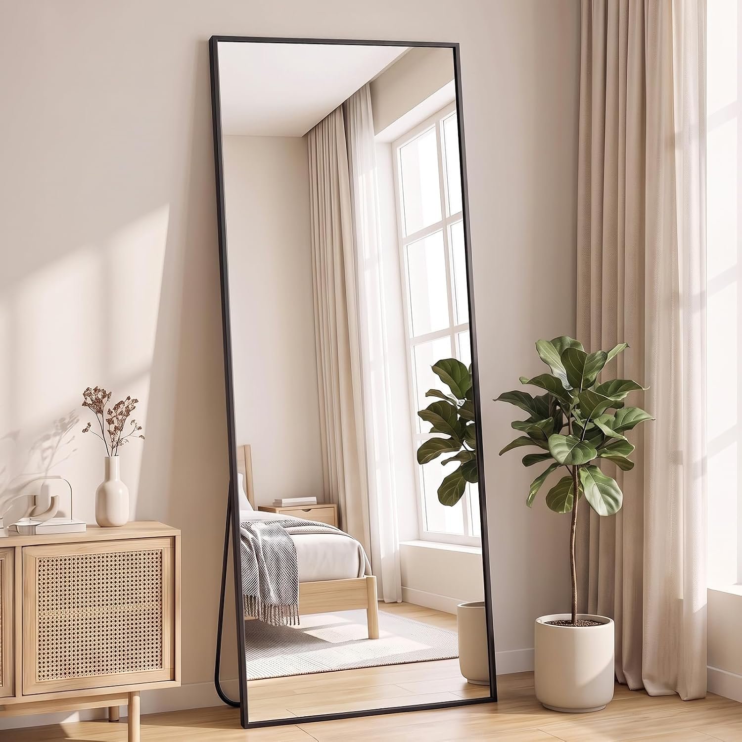 NEWBULIG Mirror Full Length, 16″x59″ Body Wall Mirrors with Shatter-Proof Glass, Upgraded Floor Standing Mirror, Hanging or Leaning, with Stand Aluminum Alloy Frame for Home Decor, Bedroom, Black | Hanging or Leaning, Shatter-Proof Glass, Aluminum Alloy Frame with Stand, Home Decor Bedroom, Black