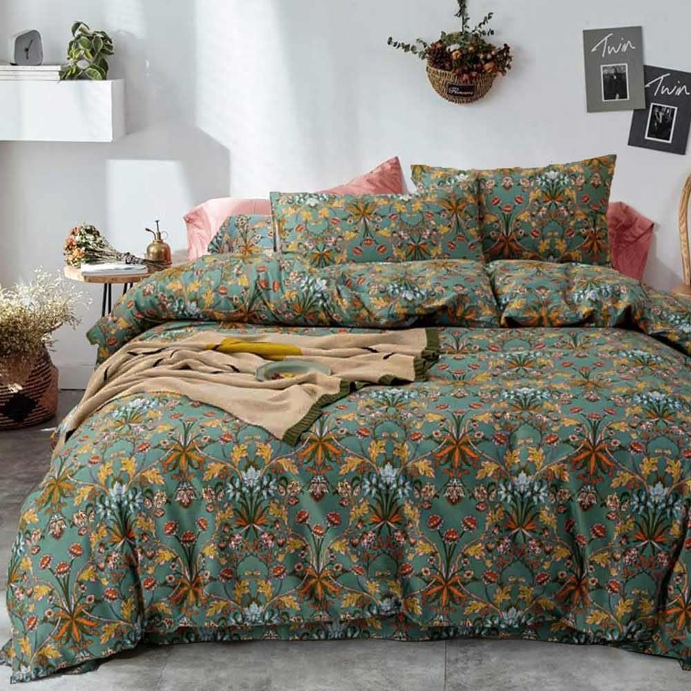 Faincy Bohemian Duvet Cover Queen Size – Boho Paisley Green Floral Pattern Printed Microfiber Comforter Cover Set – 3PC 90 X 90 Soft and Lightweight Quilt Cover, Retro Farmhouse Style for Women Men