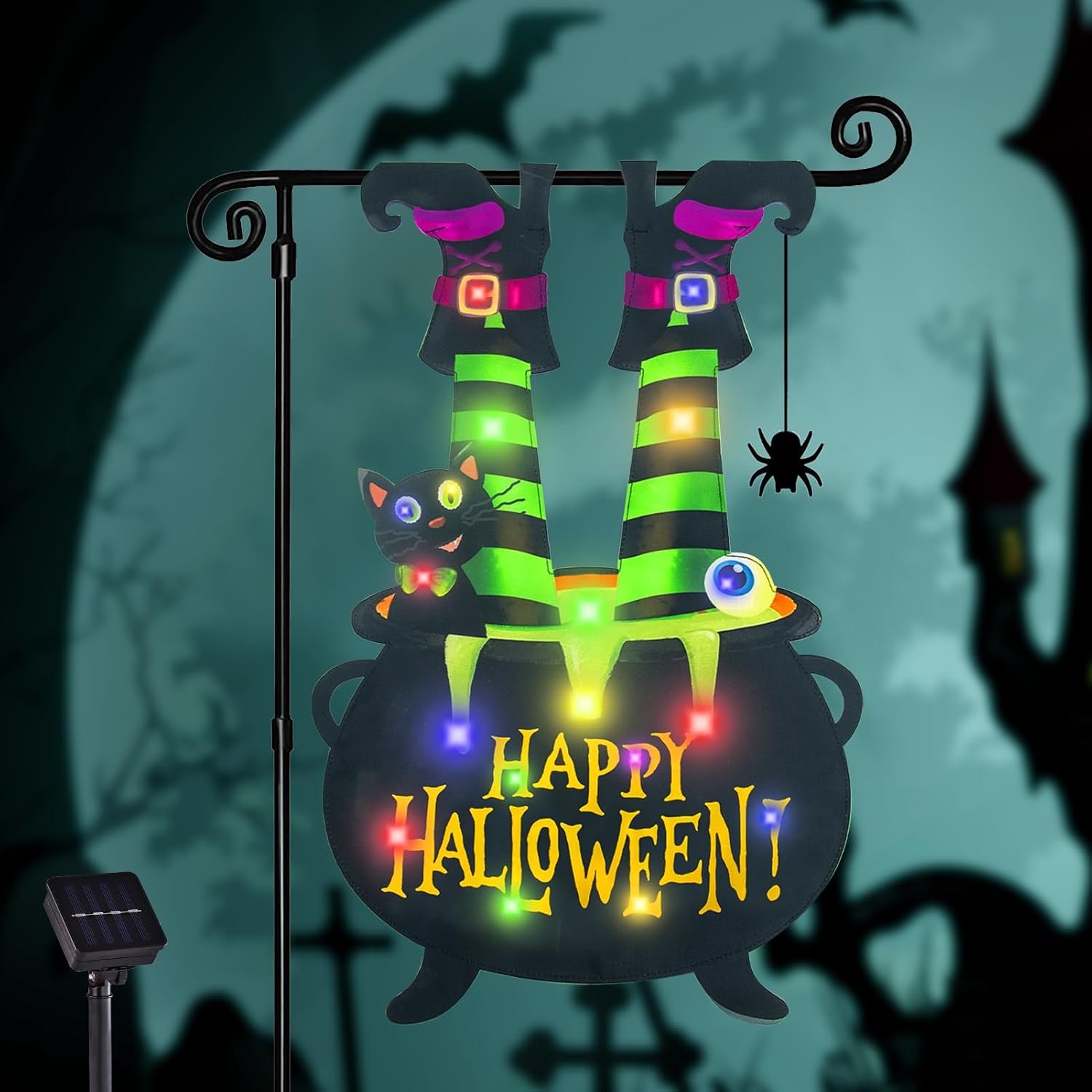 Halloween Lighted Garden Flag for Outside, Led Solar Yard Flag 8 Modes Witch Feet Shape Flag, 12×18 Double Sided Cauldron Eyeball Black Cat Decorations for Home Porch