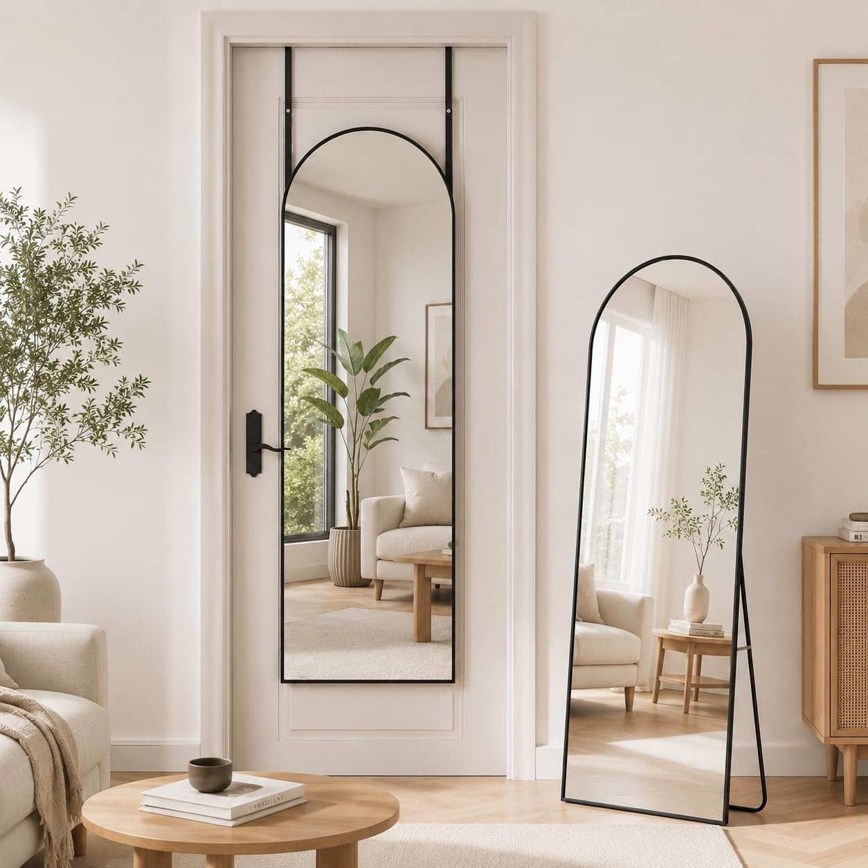 Antok 56″ x14” Arched Full Length Floor Mirror, Black Aluminum Frame, Free Standing/Wall Mount/Leaning for Bedroom, Living Room, Dressing Room