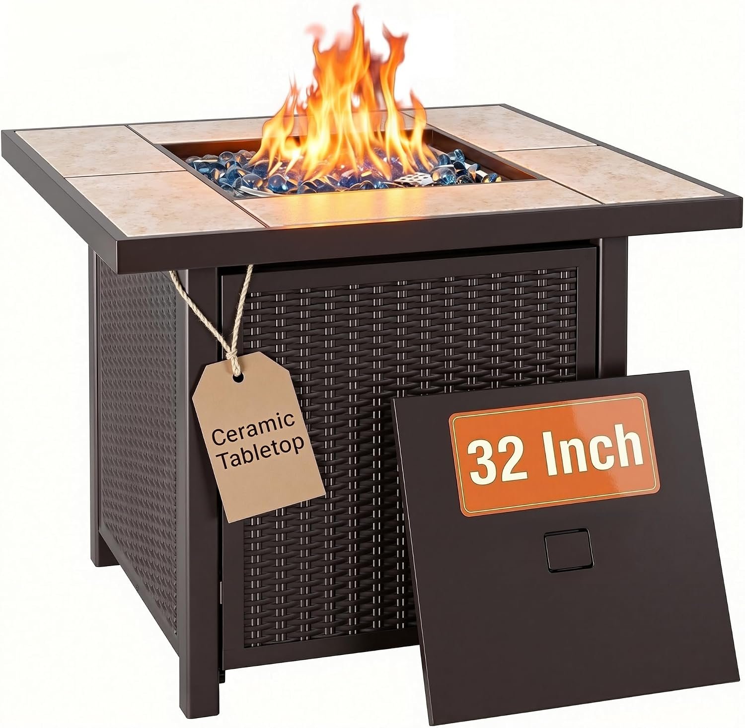 BALI OUTDOORS Propane Gas Fire Pit Table | 32 inch 50,000 BTU Square Gas Firepits for Outside, Brown
