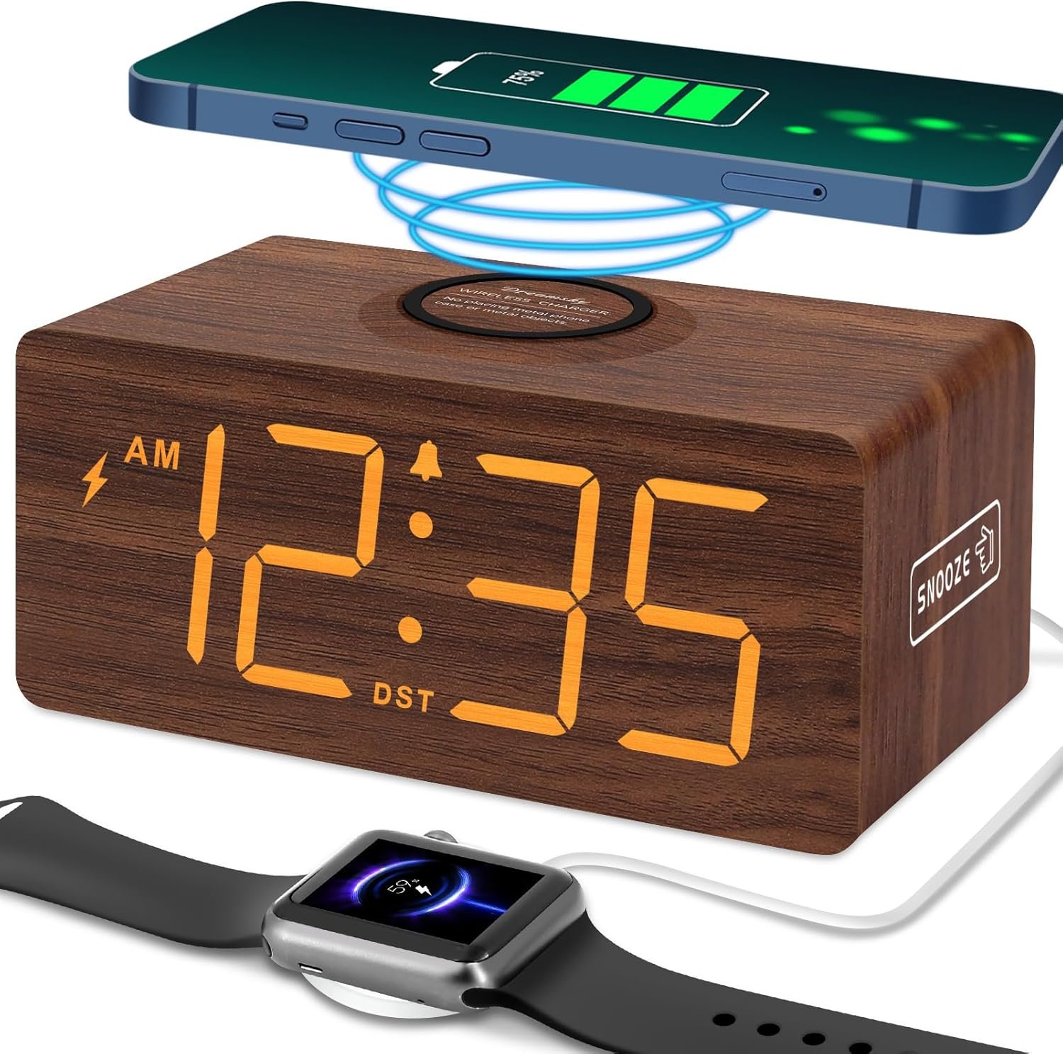 DreamSky Wooden Digital Alarm Clock with Wireless Charging for Bedroom | Bedside Nightstand Clock with Charger Station, USB Port, Large Numbers, Adjustable Volume, Brightness Dimmer, DST