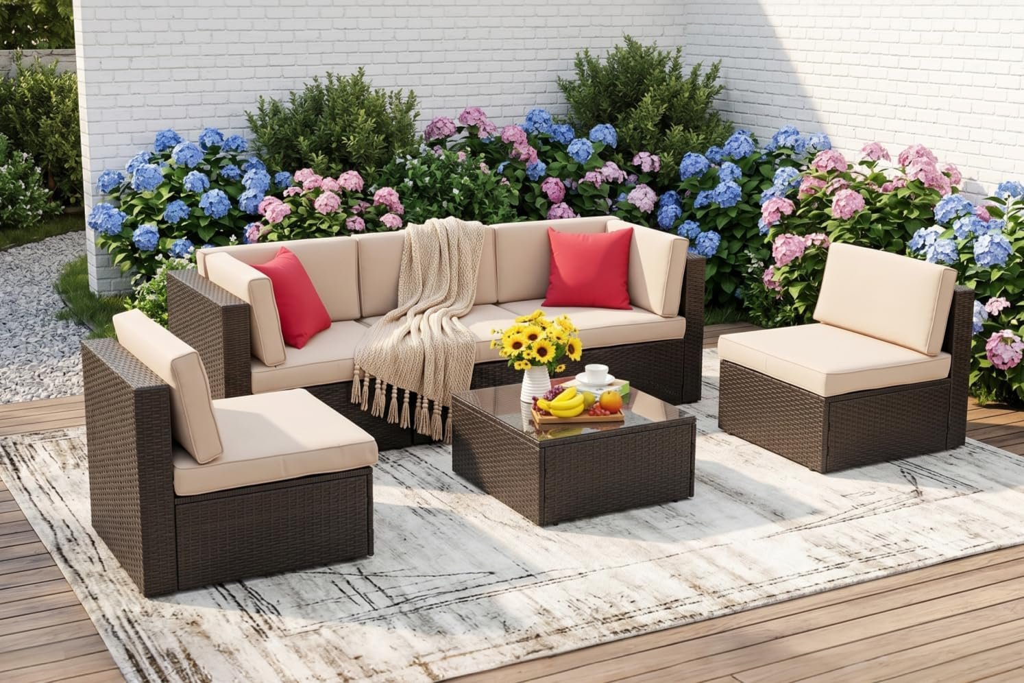 Vongrasig 6 Pieces Patio Furniture Set, Outdoor Sectional Patio Sofa Couch | PE Wicker Rattan All-weather Patio Set with Coffee Table for Garden, Backyard, Poolside, Beige