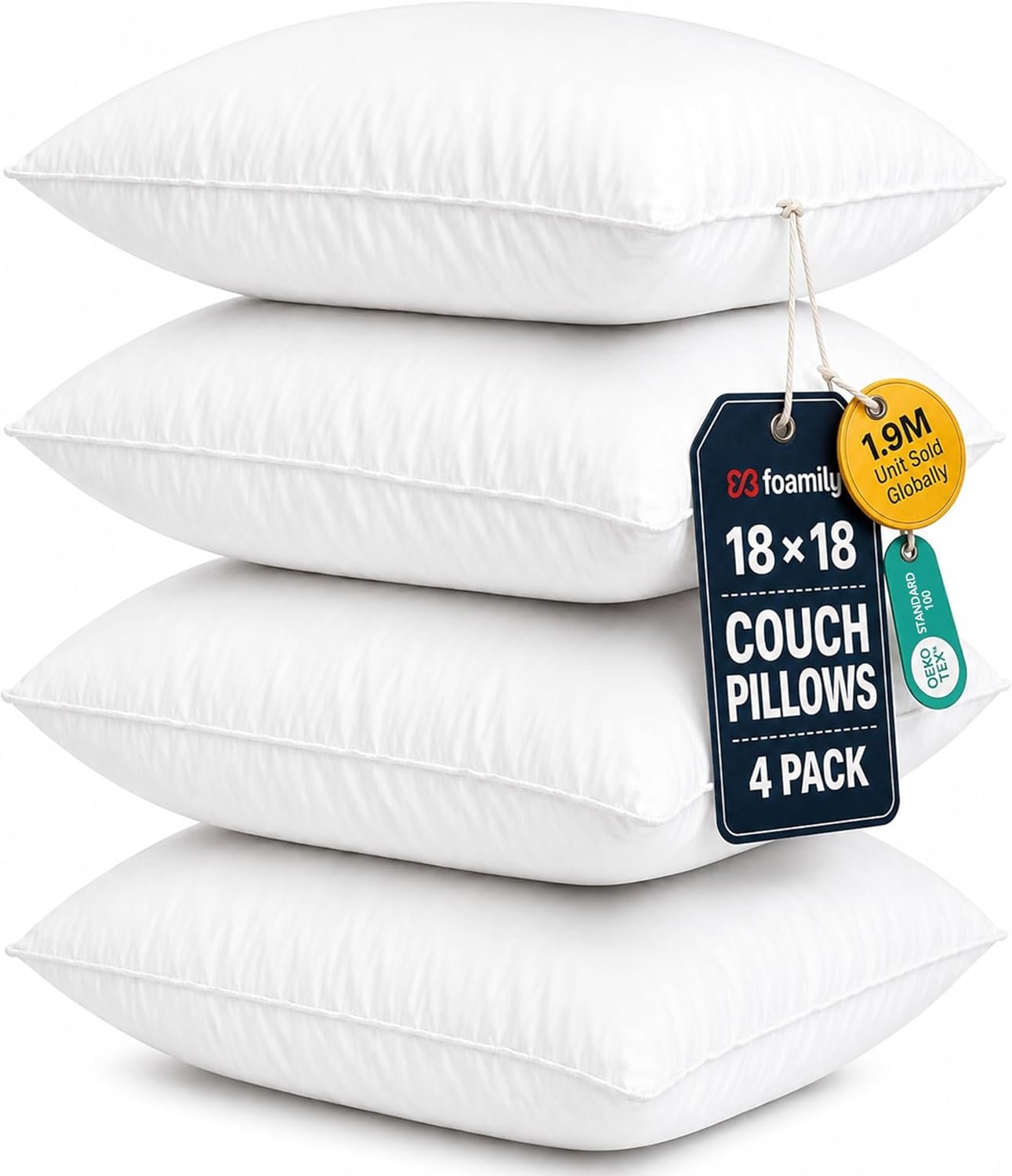 Foamily 18×18 Throw Pillow Inserts, White Pillows for Couch & Bed, 4 Pack | Soft down-alternative fill, hypoallergenic, holds its shape. Fits 18×18 covers. Couch, sofa, bed, nursery decor.