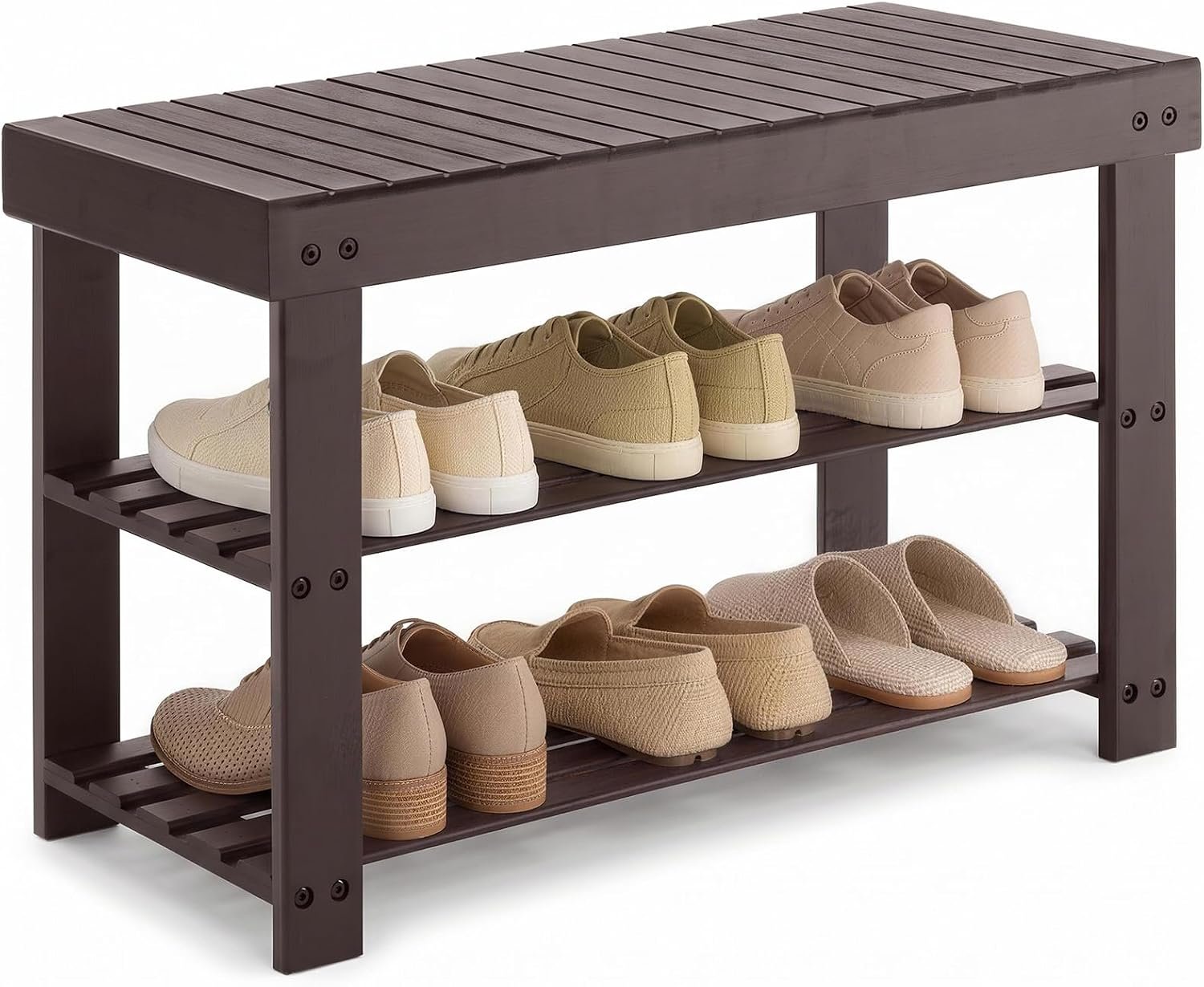 NEWBULIG Shoe Rack Bench, 3-Tier Bamboo Shoe Organizer, Wooden Entryway Storage Bench, 286 lb Load Capacity, 11.2×27.6×17.9 Inches, for Entryway Bathroom Bedroom Balcony, Brown | Water-resistant, 22 lb per shelf, fits 6 shoe pairs, 286 lb Capacity, entryway bathroom bedroom balcony
