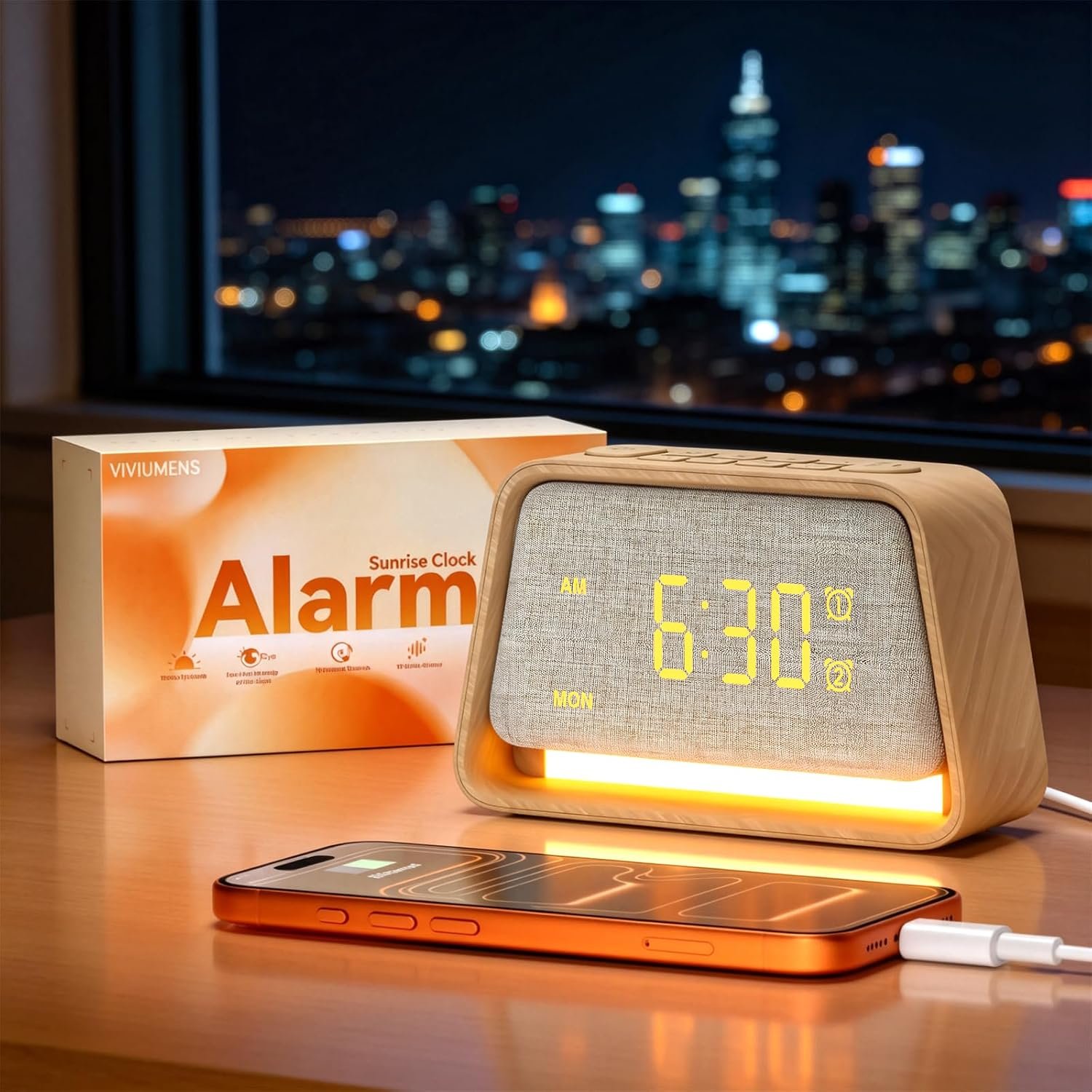 Vivilumens Dual Alarm Clock Wooden 20 White Noise Sound Machine Gentle Wake Up Light for Adults Sleeping Digital Dimmable Night Light Bedside Lamp Sunrise Alarm Clock for Bedroom Gift for Mom Girls