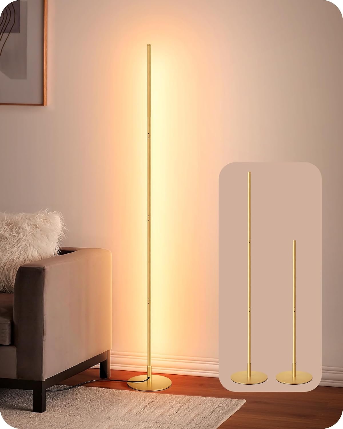 EDISHINE LED Corner Floor Lamp, Modern Slim Dimmable Light, Adjustable Height, 57.5″ Minimalist Tall Lamp for Living Room, Bedroom, Office, 3000K Warm White Light (Gold) | Adjustable Height, Modern Slim Tall Floor Lamps for Living Room, Bedroom, Office, Warm White Light, Gold