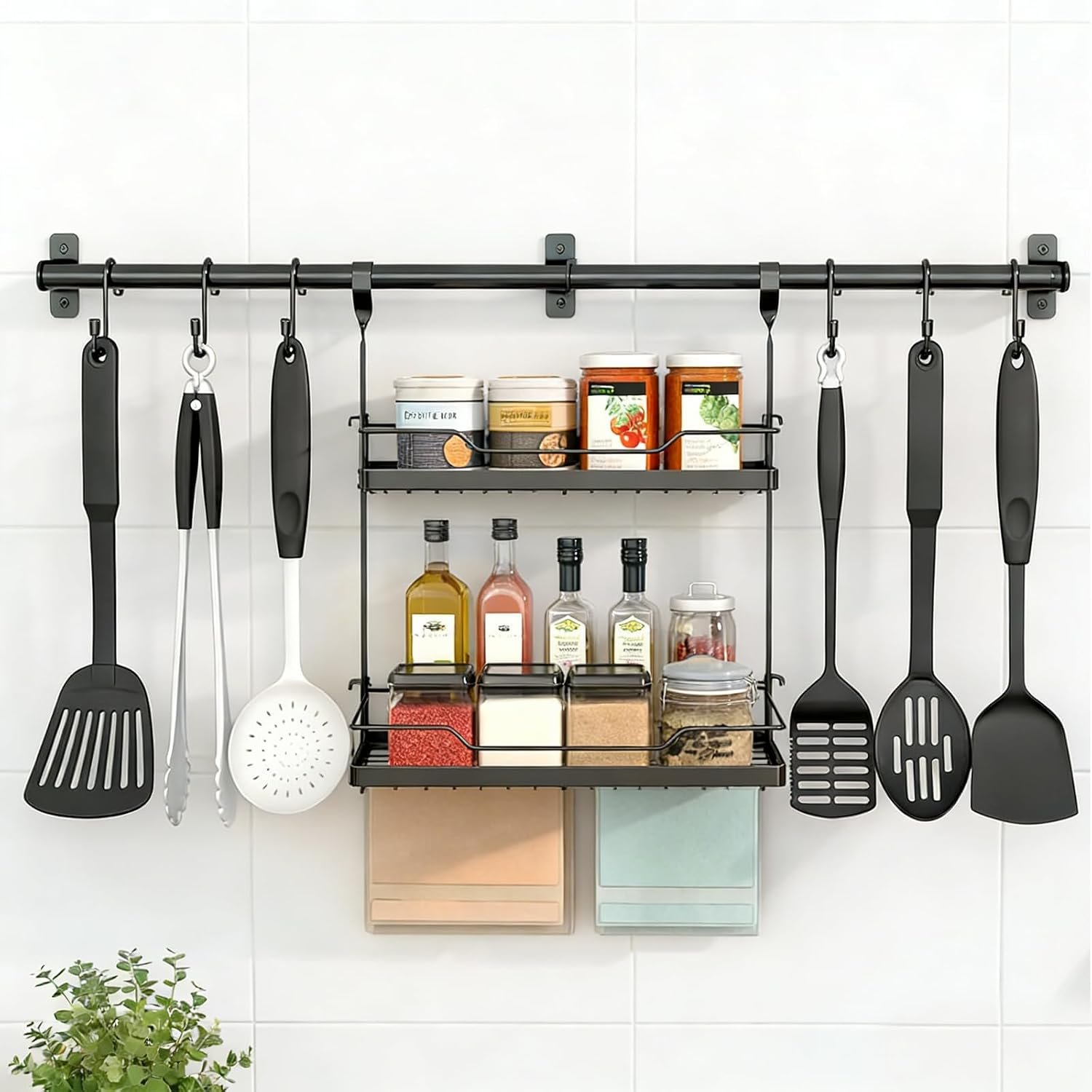 NADAMOO Spice Rack Wall Mount, 2-Tier Storage Shelf with Utensil Hanger | Adjustable Shelf & Hooks, Holds 40 lbs, Black Metal Vertical Storage Organizer Fits Kitchen Bathroom Laundry Coffee Bar