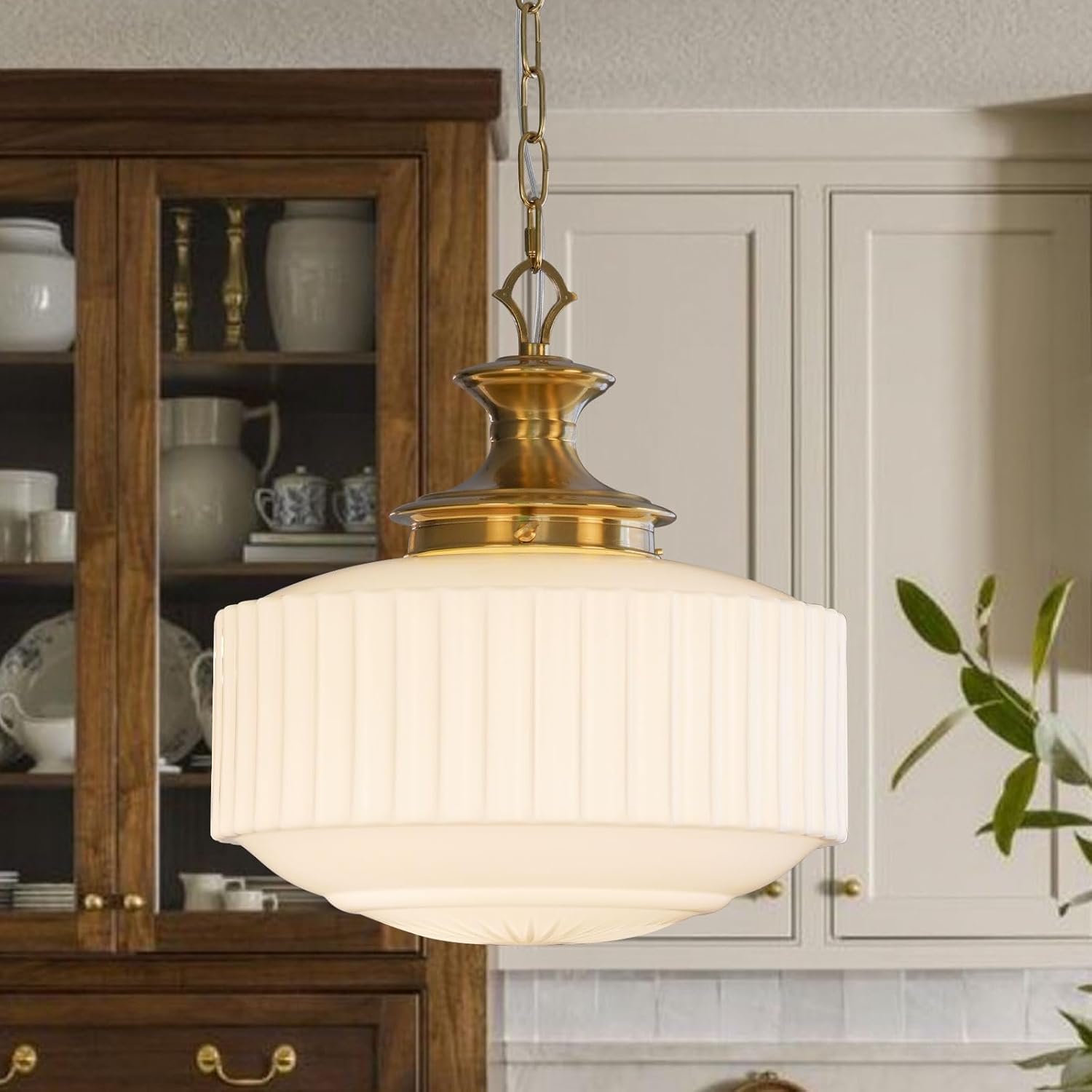 Vintage Brass Milk Glass Pendant Light Fixture, 13.8″ White Pleated Glass Chandelier, Antique Pendant Lights, for Kitchen Island Lighting, Hallway, Bedroom, Dining Room, Foyer, E26 Bulb Included