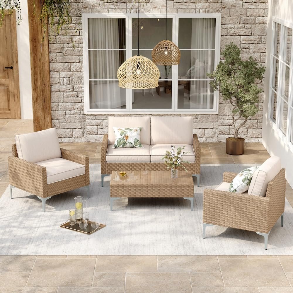 4-Piece Patio Furniture Set,Outdoor Wicker Patio Conversation Set with Tempered Glass Table,All-Weather Rattan Sectional Loveseat&Chairs with Thick Cushions for Garden,Deck,Backyard-Beige