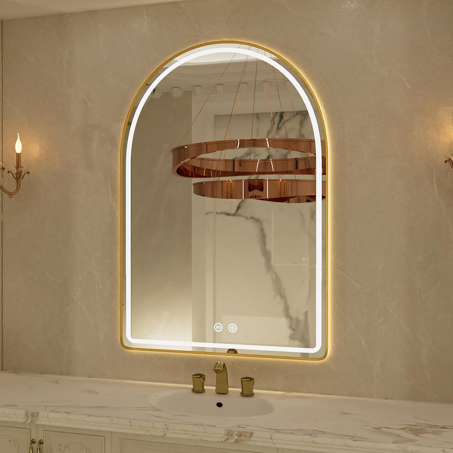 24″x36″ Arched LED Bathroom Mirror, Gold Framed LED Bathroom Mirrors with Front Light and Backlit, Anti-Fog, Dimmable, 3 Colors, Memory Function, Arch Smart Vanity Mirror