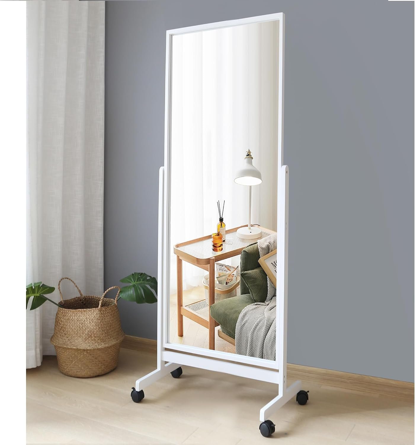 Swivel Tilting Full Length Mirror on Wheels 65″x22″, Pine Wood Frame Cheval Floor Rolling Mirror Full Body with Standing Holder for Bedroom, Babershop, Home Gym, Angle Adjustable (White)