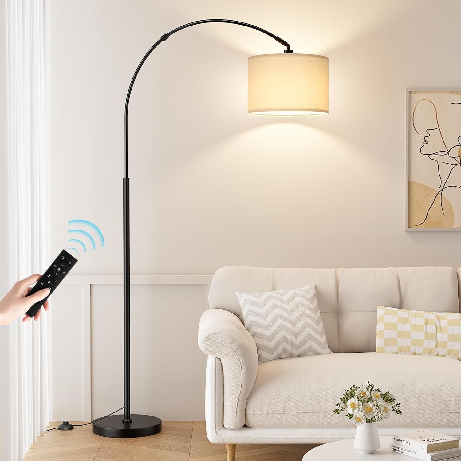70″ Dimmable Arc Floor Lamp with Remote, Color Temp Adjustable | Rotating Head, Foot Switch & Remote, Arched Floor Lamp for Living Room Bedroom Office, Over Couch Arched Light, Beige & Black