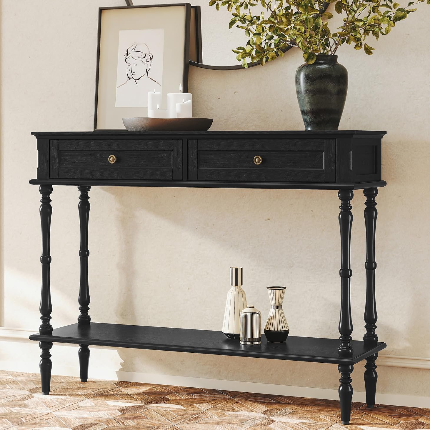ARTPOWER Console Table for Entryway with 2 Drawers, 15 mins Assembly, Black | Solid Wood Veneer Entry Table, Behind Couch Sofa Table with Open Storage Shelf for Living Room, Foyer, Hallway