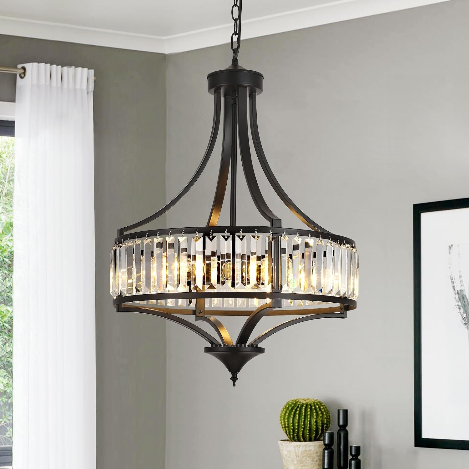 CNRATYE 20″ Modern Farmhouse Crystal Chandeliers for Dining Room, 5-Light Black Antique Pendant Chandelier, Contemporary Hanging Light Fixture for Living Room Bedroom Foyer Kitchen Island Entryway