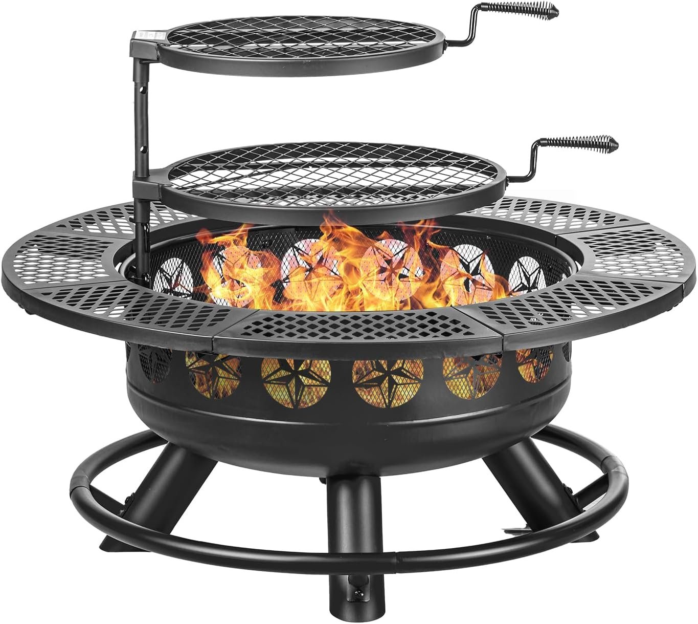 36 Inch Fire Pit with 2 Cooking Grills Outdoor Wood Burning BBQ Firepit | Firepits for Outside with Lid, 3-in-1 Outdoor Fireplaces for Backyard Deck Bonfire Patio Picnic Garden(Black)