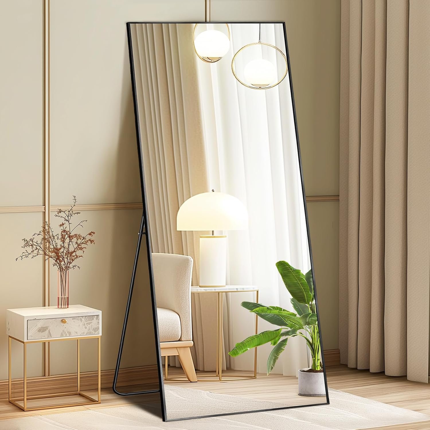 DUMOS 64″x21″ Full Length Mirror with Stand, Full Body Floor Mirror | Free Standing or Wall Mount, Nano Glass Aluminum Frame, Hanging or Leaning, Modern Simple Home Decor, Black