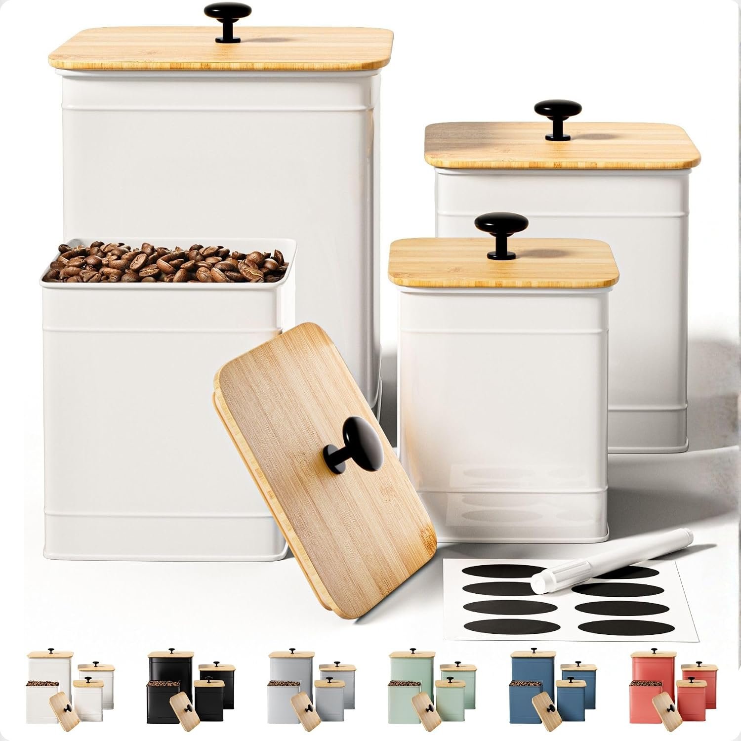 Kitchen Canisters for Countertop Set of 4 w/ Chalkboard Labels & Marker Pen | Airtight Easy Open Bamboo Lids, Dent-Resistant Thick Metal, Customizable Chalkboard Labels, Marker Pen Included, Set of 4