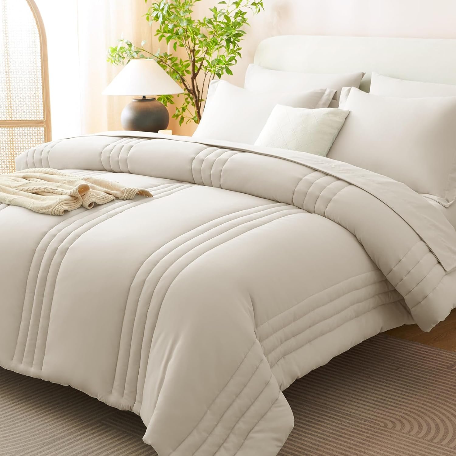 Queen Comforter Set Beige – 7 Pieces Vertical Quilted Bed in a Bag | OEKO-TEX Certified, 240GSM Down-Alternative Comforter, 14″ Deep-Pocket Sheets, Shams & Pillowcases, Lightweight