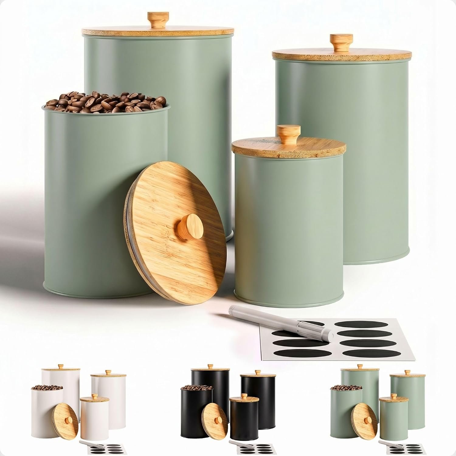 Kitchen Canisters for Countertop Set of 4 w/ Chalkboard Labels & Marker Pen | Airtight Easy Open Bamboo Lids, Dent-Resistant Thick Metal, Customizable Chalkboard Labels, Marker Pen Included, Set of 4