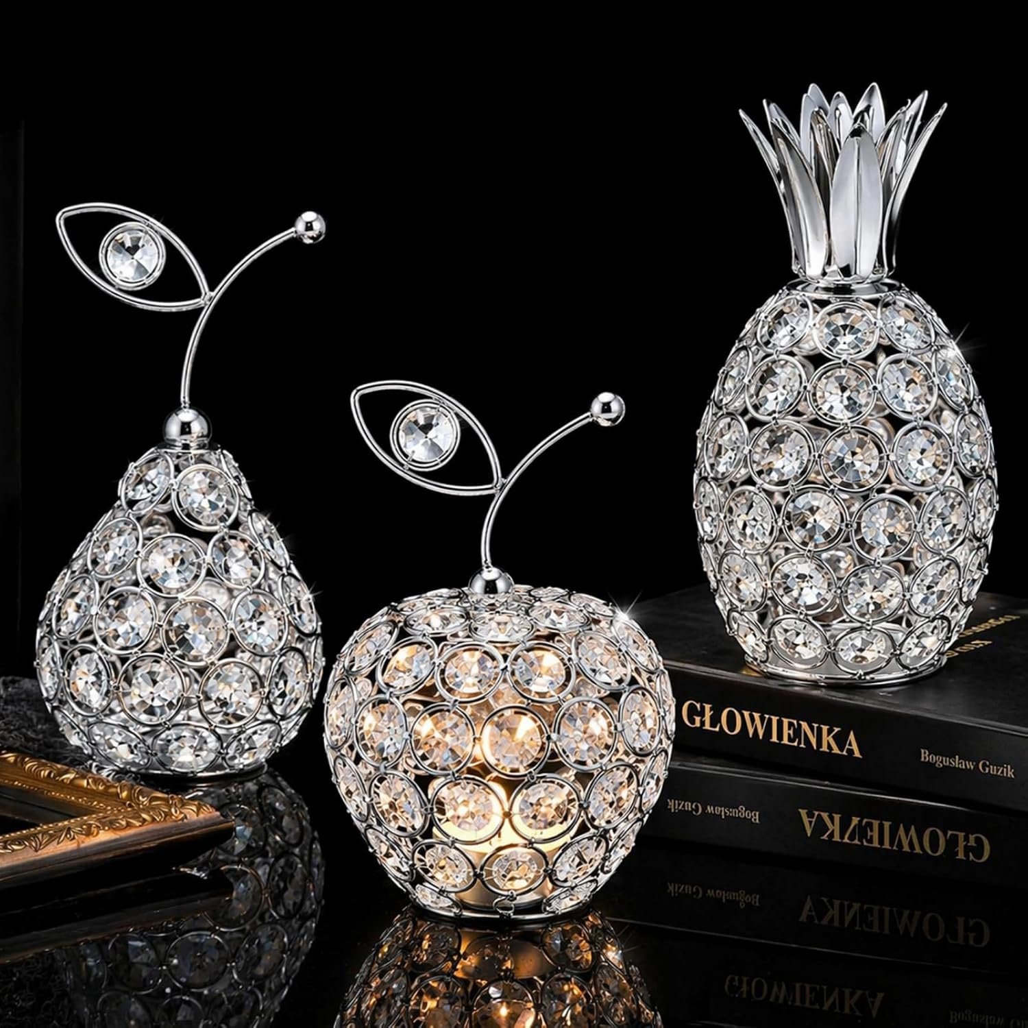 Set of 3 Crystal Fruit Centerpieces, Metal Silver Votive Candlestick Hollow Ornament, Elegant Pineapple Pear Apple Table Decor for Dining Table Wedding