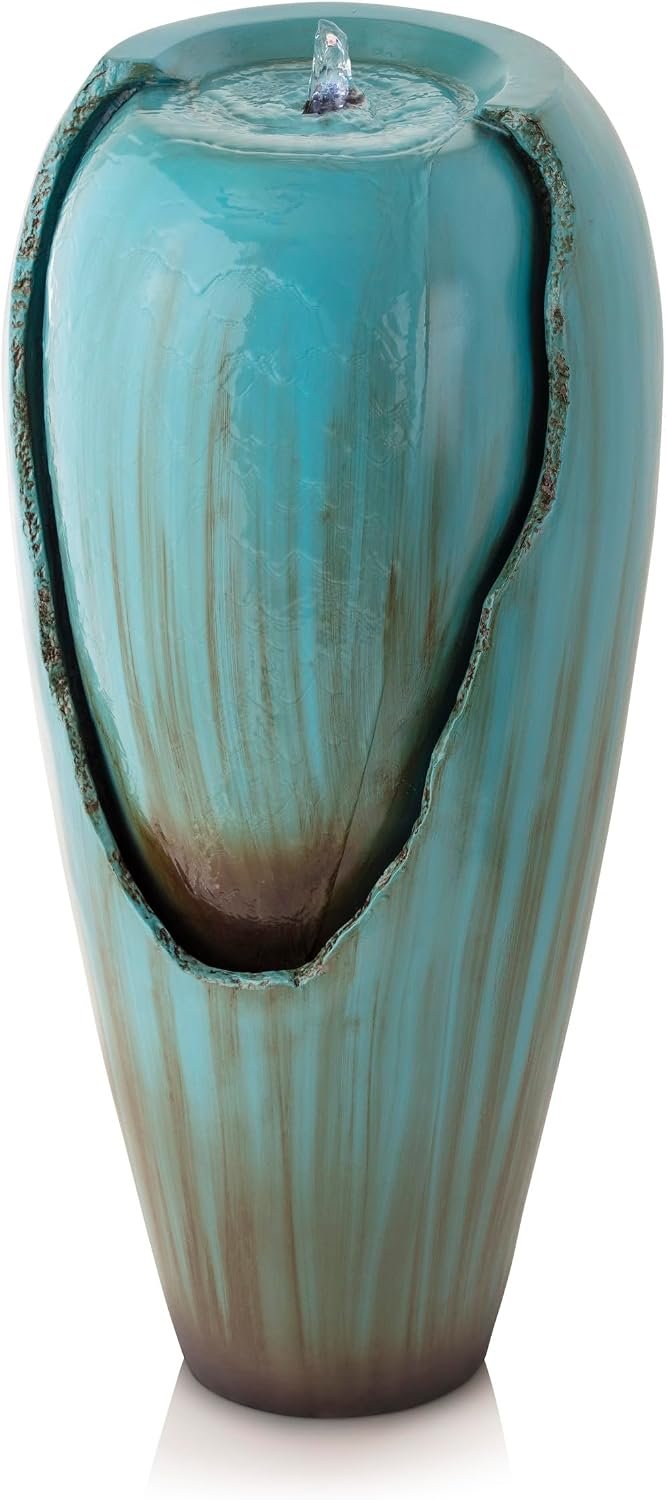 Alpine Corporation 33″ Tall Outdoor Antique Jar Water Fountain, Vintage Cascading Design with LED Lights, Garden, Patio & Yard Decor, Turquoise