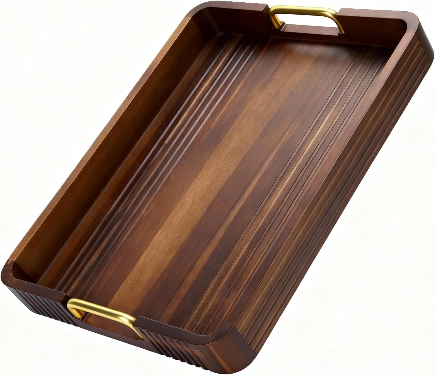 Acacia Wood Serving Tray with Metal Handles, 17x13in, Decorative Coffee Table Tray & Ottoman Tray, Anti-Slip Pads, Dark Wood Tray for Breakfast in Bed, Bar Tray, Gift Box